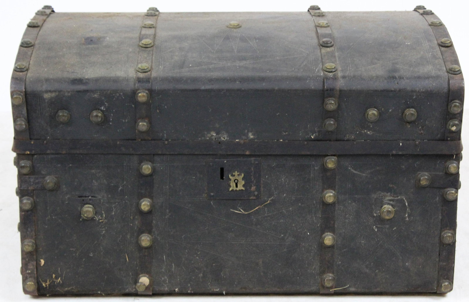 19th c Brass Studded Bread Loaf Trunk: 19th c brass studded "bread loaf" style leather trunk, lacking till, 28" x 16" x 16'