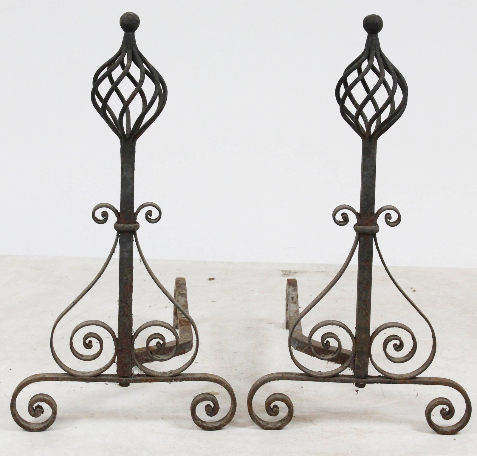 Early 20th c Wrought Iron Twist Andirons: Early 20th c wrought iron twist andirons, ht 24"
