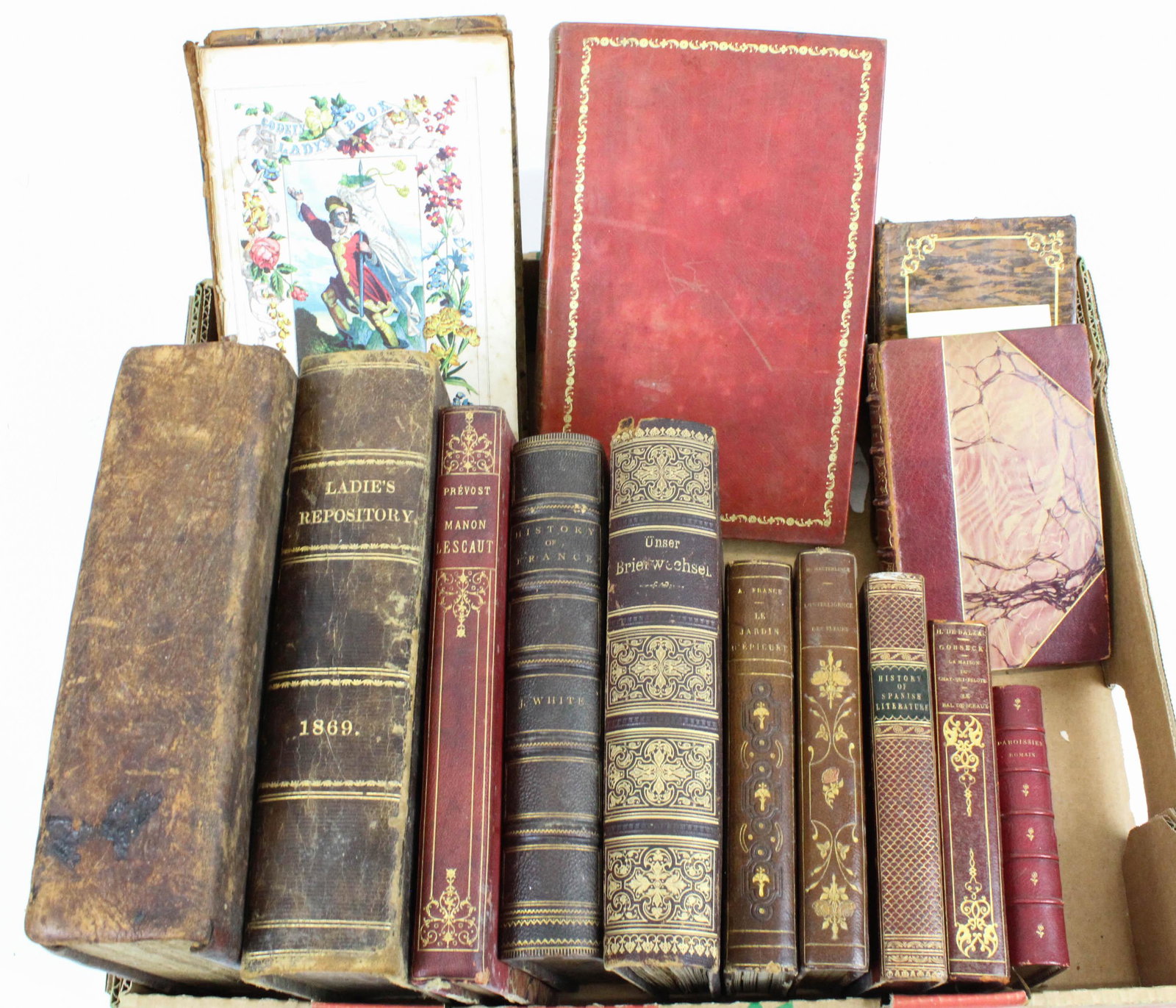 Leather Bound, Lady's Books, Stevens on Lenox: Fancy leather bound books, mid 19th c lady's books with engravings, Henry Stevens of Vermont on James Lenox & the Formation of his Library 1886, 1796 Scottish bible