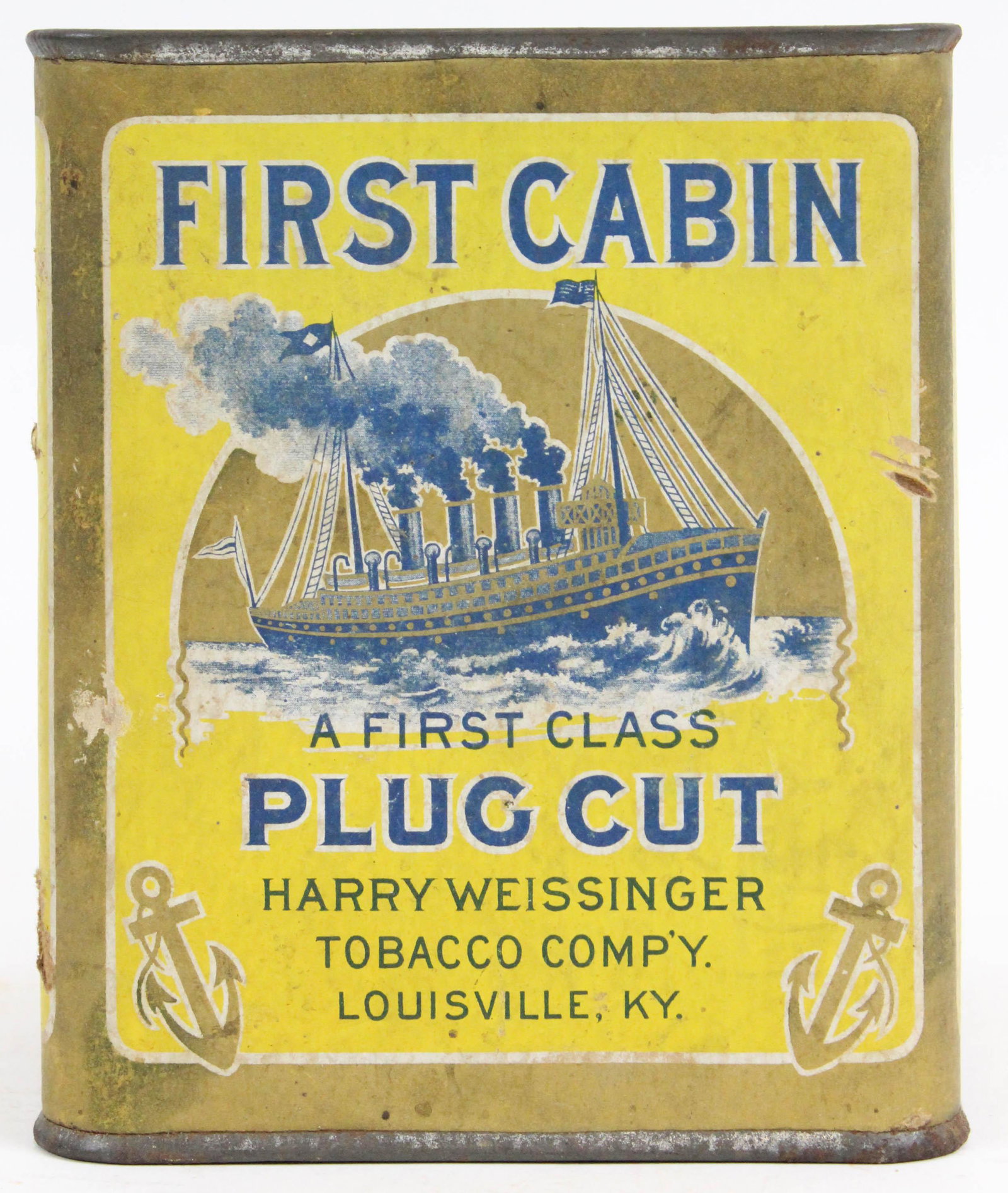 First Cabin Plug Cut Tobacco Box: First Cabin Plug Cut tobacco box, unusual boxboard container, overall very good condition, ht 5 1/2"
