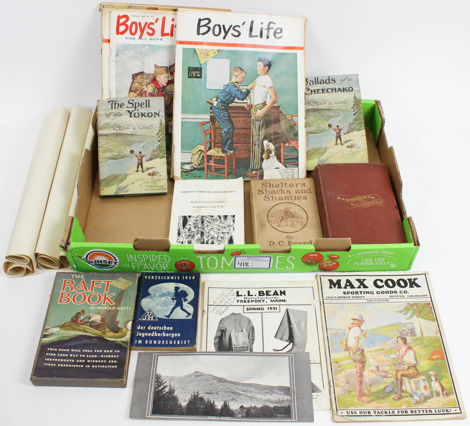 Hiking, Long Trail, Adirondacks, Boy Scouts: Hiking, Long Trail maps,1872 H Perry Smith "Summering in the Wilderness", Boy Scouts Boy's Life magazines with Norman Rockwell covers, 1931 LL Bean catalogue, 1932 Max Cook Sporting catalogue, etc