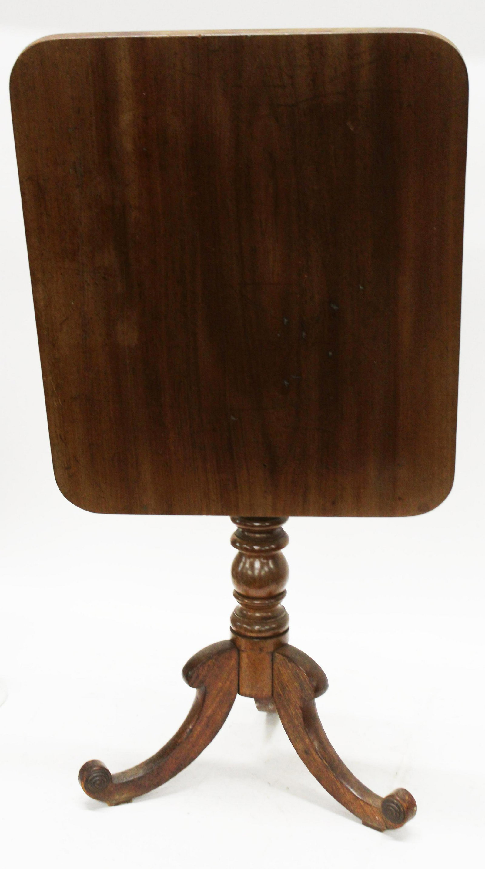 19th c Tilt Top Tea Table: 19th c Empire style top tea table top-21 x 26" 27" with top down 43" with top up