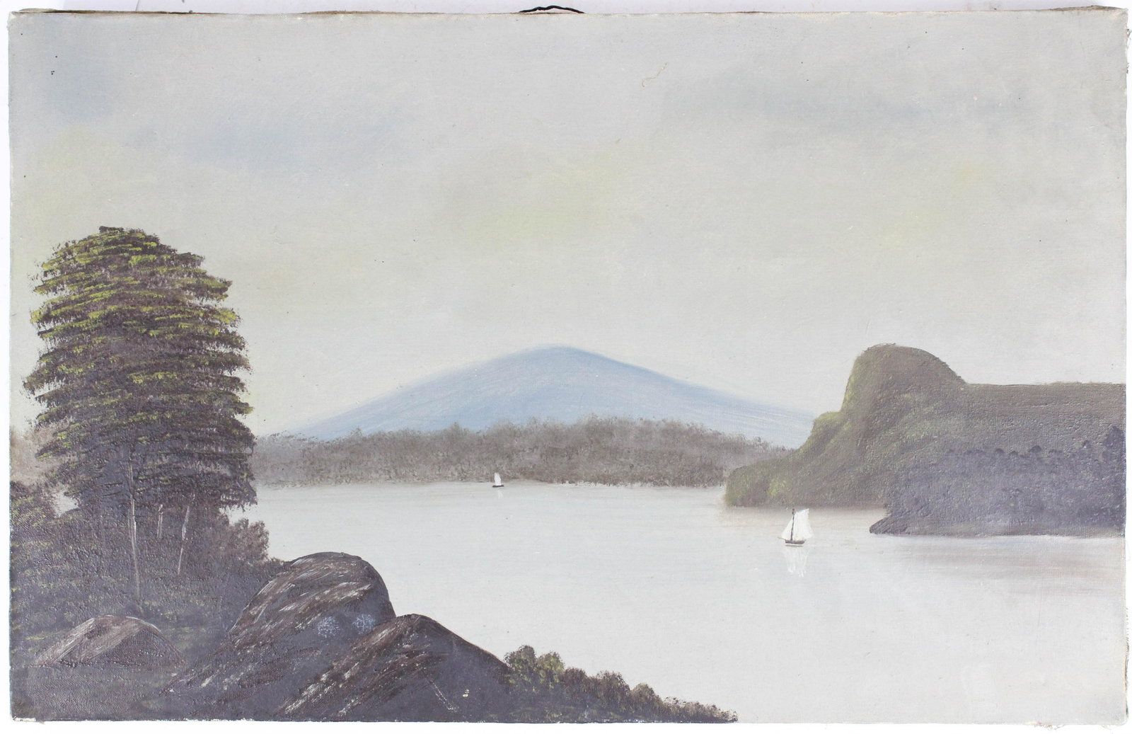 19th c Oil on Canvas Loon Lake Maine: Late 19th c oil on canvas primitive landscape with boats (Hudson River School) titled on reverse "Loon Lake Friar's Head Me". 22" x 14". Dry very good original condition.
