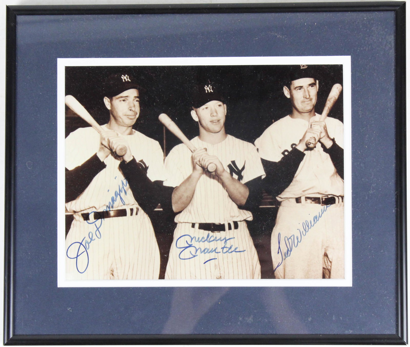 Photograph DiMaggio, Mantle, Williams, Signed.: A framed photograph of Joe DiMaggio, Mickey Mantle, & Ted Williams. Signed by all three on there images. 10" x 8".
