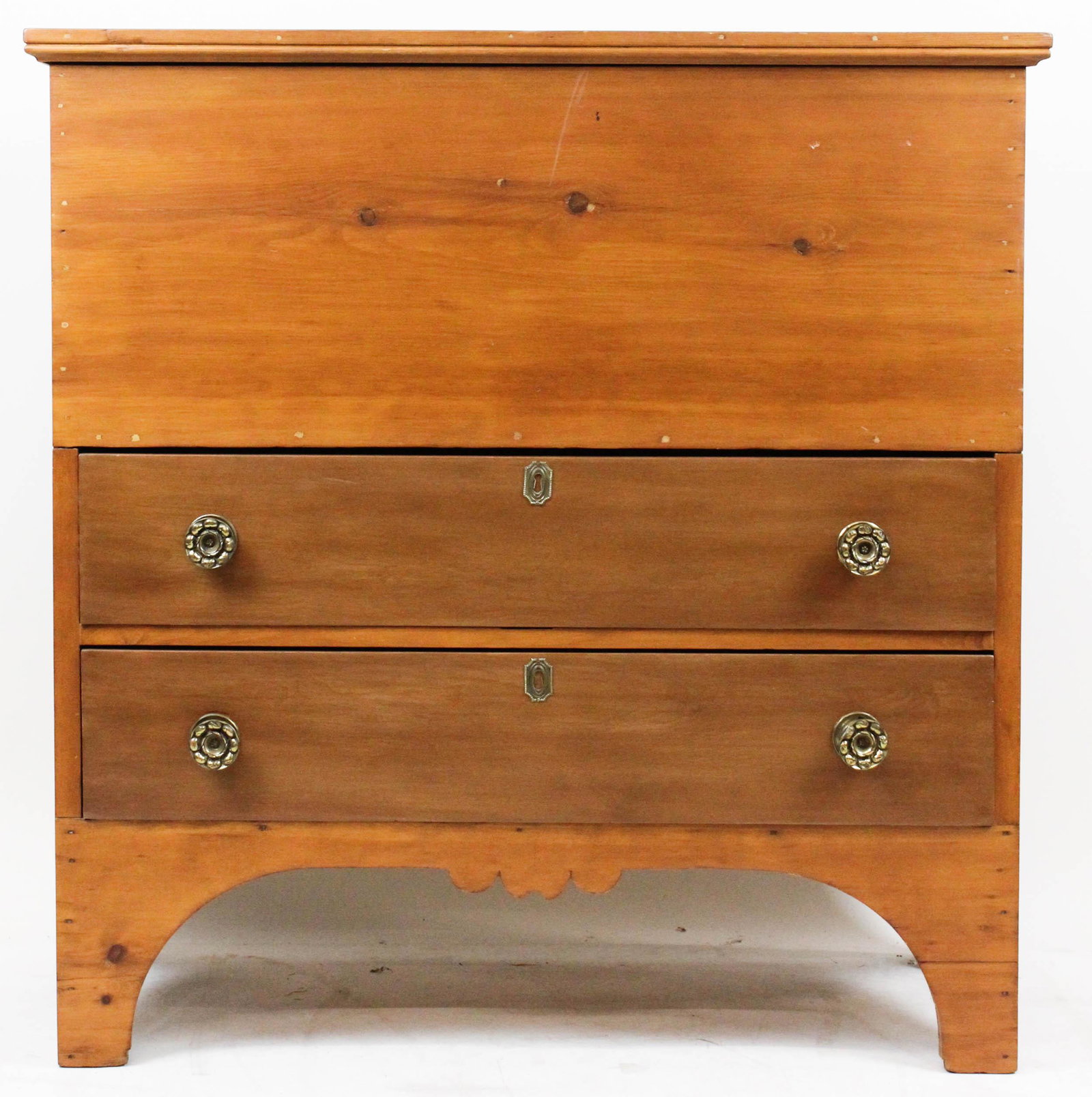 19th c Pine Blanket Chest: 19th c Blanket Box with two drawers with brass Sheraton Pulls 41 x 19 x 41"