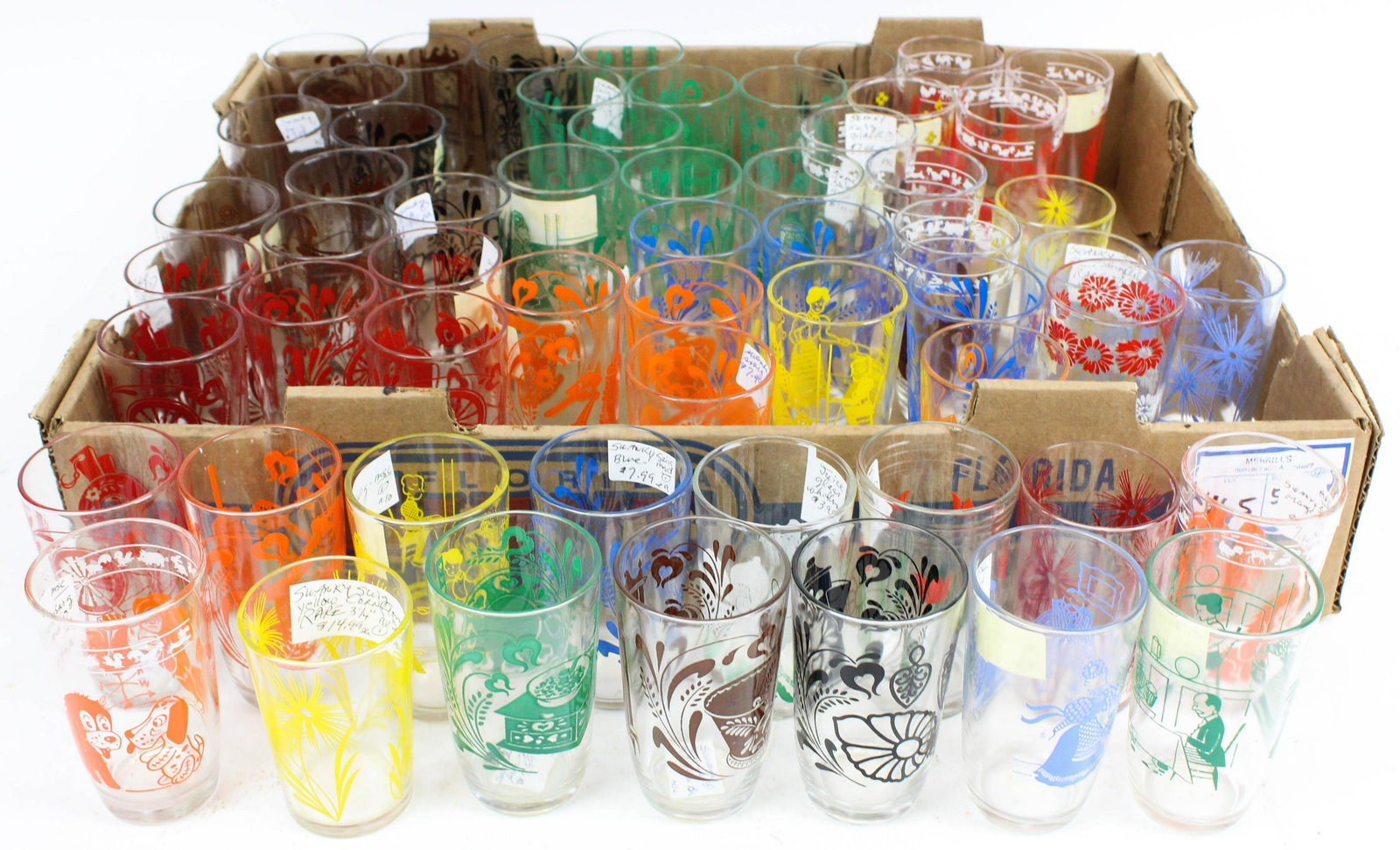 Collection of 55 Swanky Swig 1950's Glass Tumblers: Collection of 55 Swanky Swig 1950's Hazel Atlas glass juice tumblers with colorful pyroglaze decorations ht. 3.25"-3.75"
