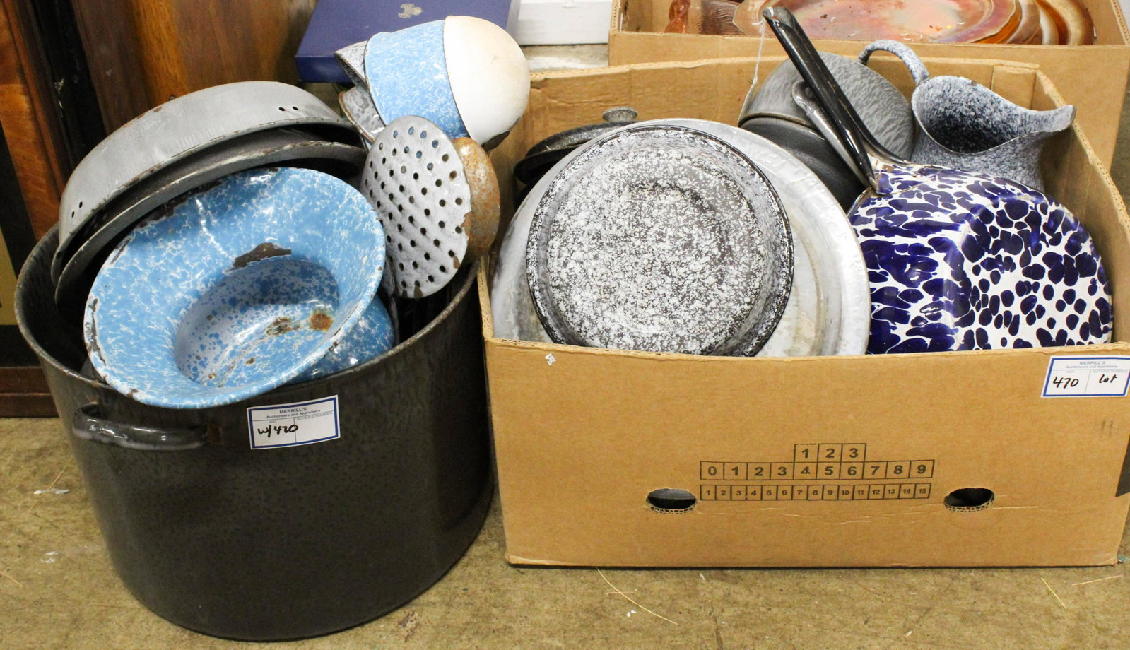 Collection of Enameled Graniteware Kitchen Items: Collection of Enameled Graniteware Kitchen Items including loaf pans, kettles, ladles, plates, pie pans, pitcher, lids, some new old stock items, in various colors