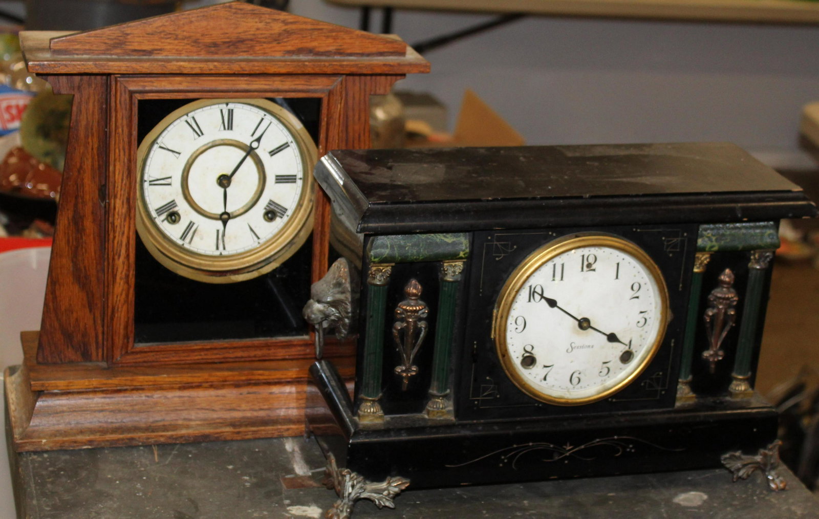 Two Mantle Clocks: Two Mantle Clocks Sessions Clock in the style of a Victorian mantle clock, Oak arts and Crafts mantle clock