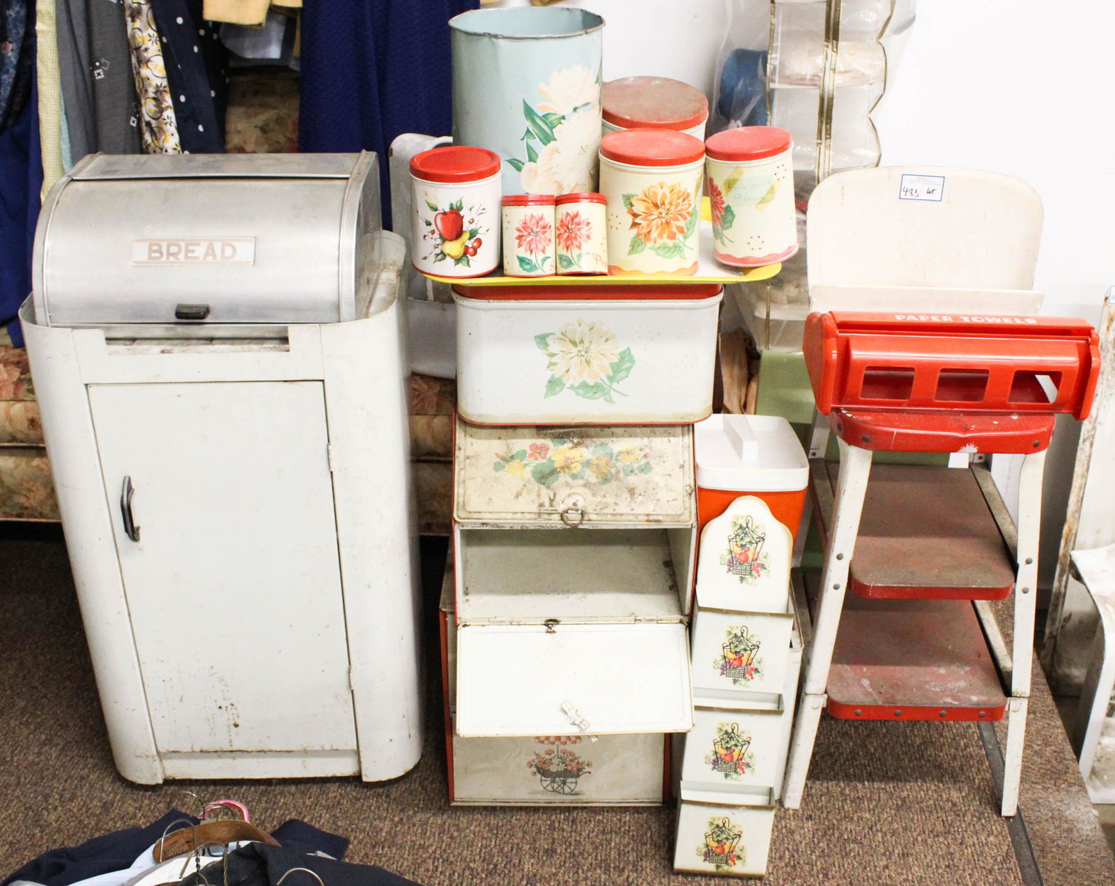 Group of Vintage 1950's-60's Kitchen Metalware: Group of Vintage 1950's-60's retro Kitchen Metalware, including red and white step stool, white Art Deco cabinet, canister sets, bread boxes, waxed paper holders, tray, etc. Some with floral decoratio