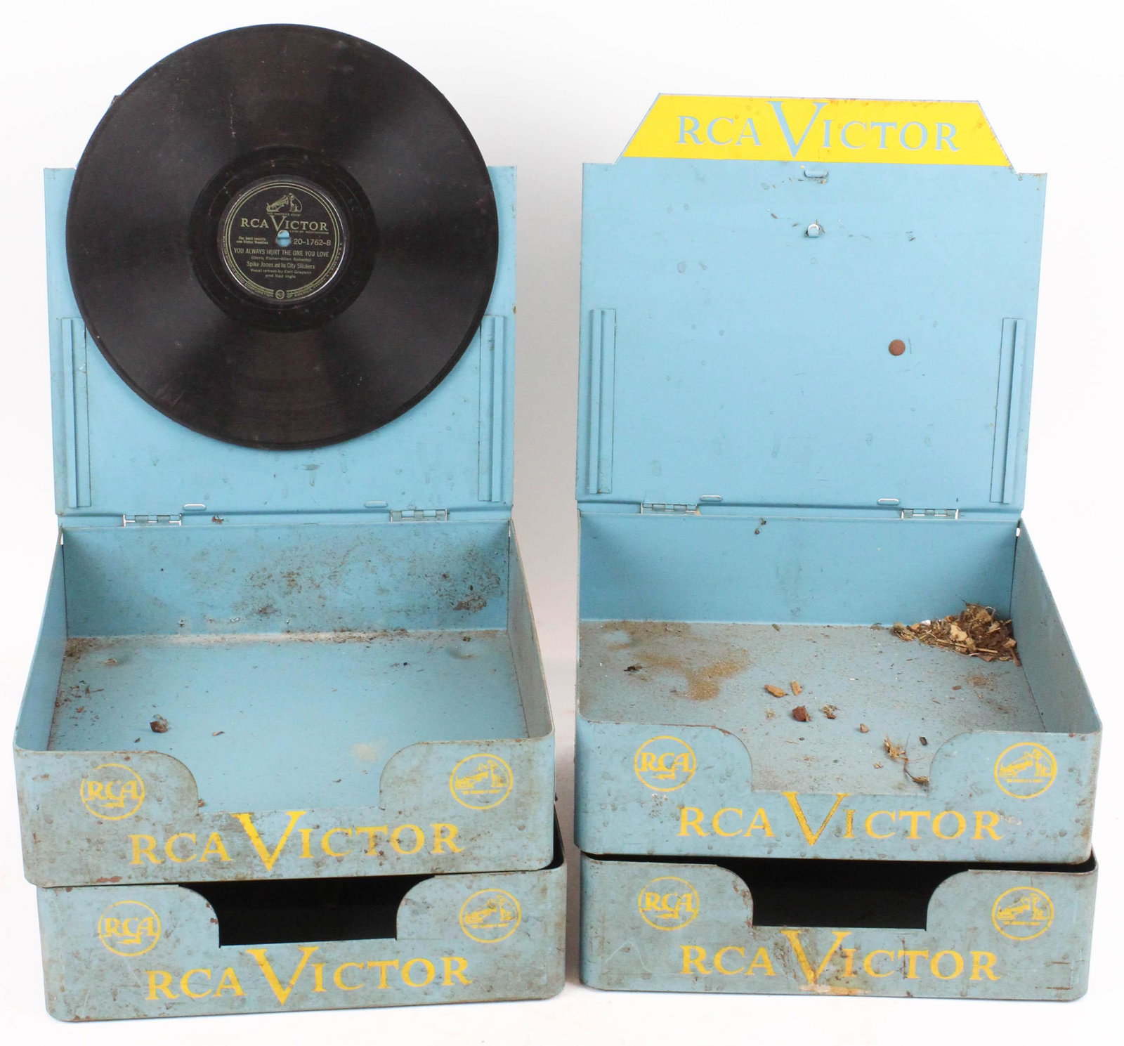 4 1950's RCA Victor Store Record Display Bins: 4 Scarce 1950's RCA Victor Store Advertising Record Display Bins for 78 rpm records, in sky blue paint with yellow silk screened labels and trademarks
