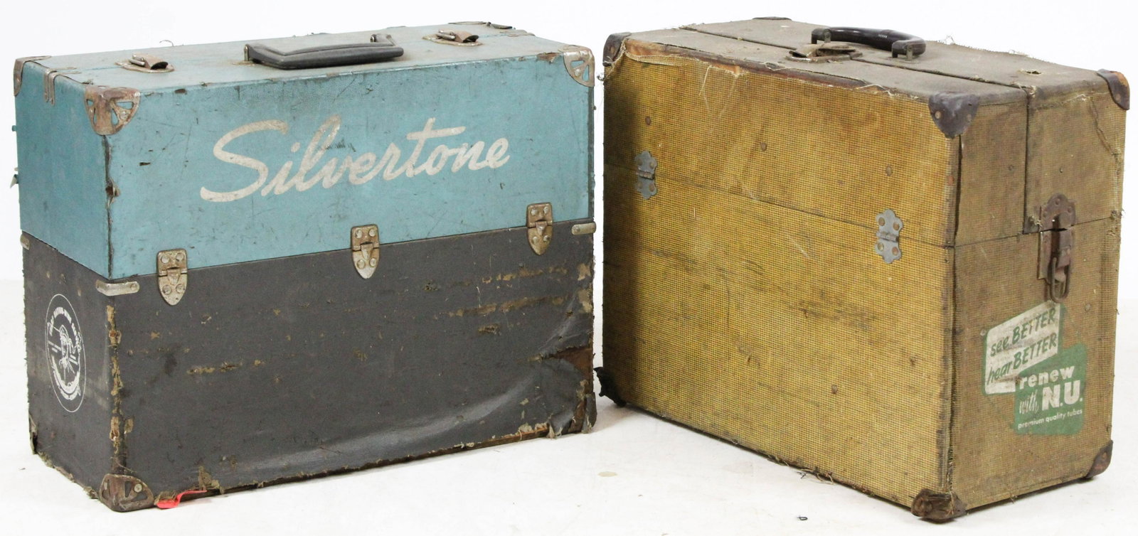 2 Vintage Radio Repairman's Cases with Tubes: 2 Vintage Radio Repairman's Cases with Tubes (untested), including 1940's tweed covered case with some contents, and a 1960's Silvertone advertising case, used by Sears repairman Delmer Austin of St. 