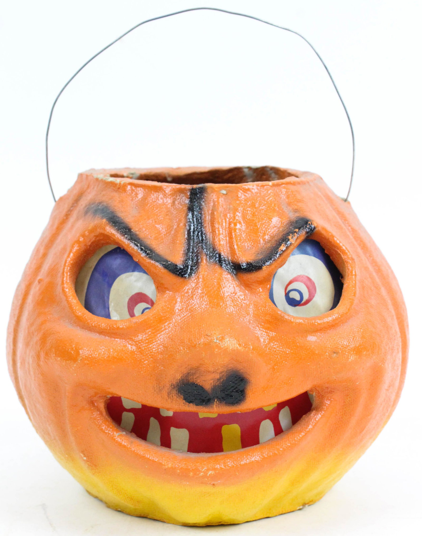 Early 20th c Halloween Jack-o-lantern: Early 20th c Halloween Jack-o-lantern paper mache candle lantern with paper eyes intact, diameter 6 1/2"