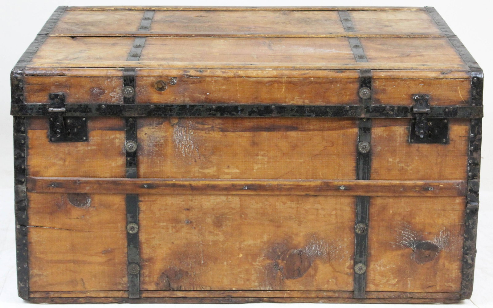 Victorian Trunk: 19th c Victorian trunk refinished pine with black metal straps 27 x 19 x 21"