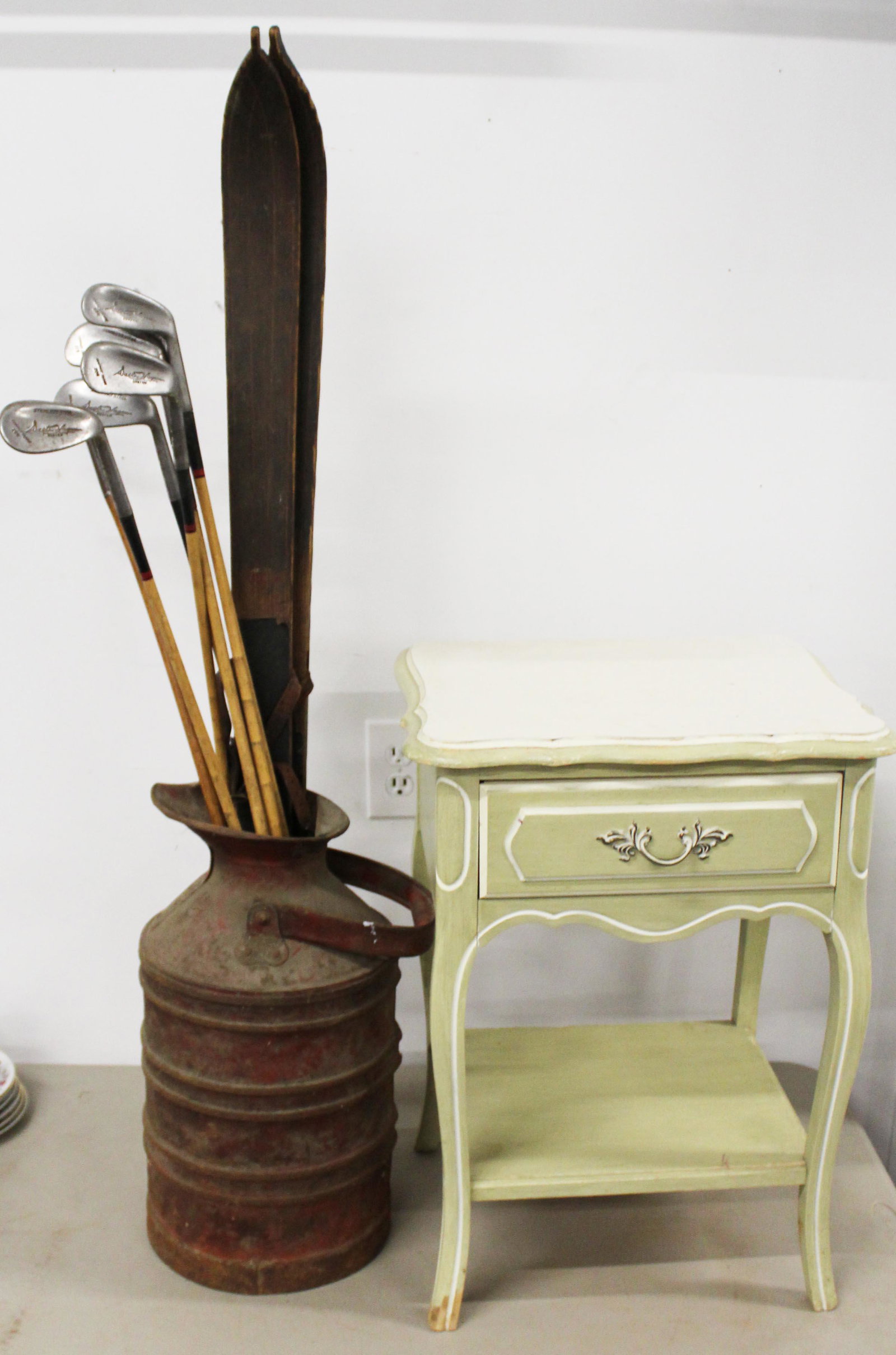 Misc Lot Incl Child Skis, Wooden Golf Clubs, Milk: Misc Lot including Child's Skis, Milk Container, Wooden Golf Clubs marked Hagan, French Style Stand
