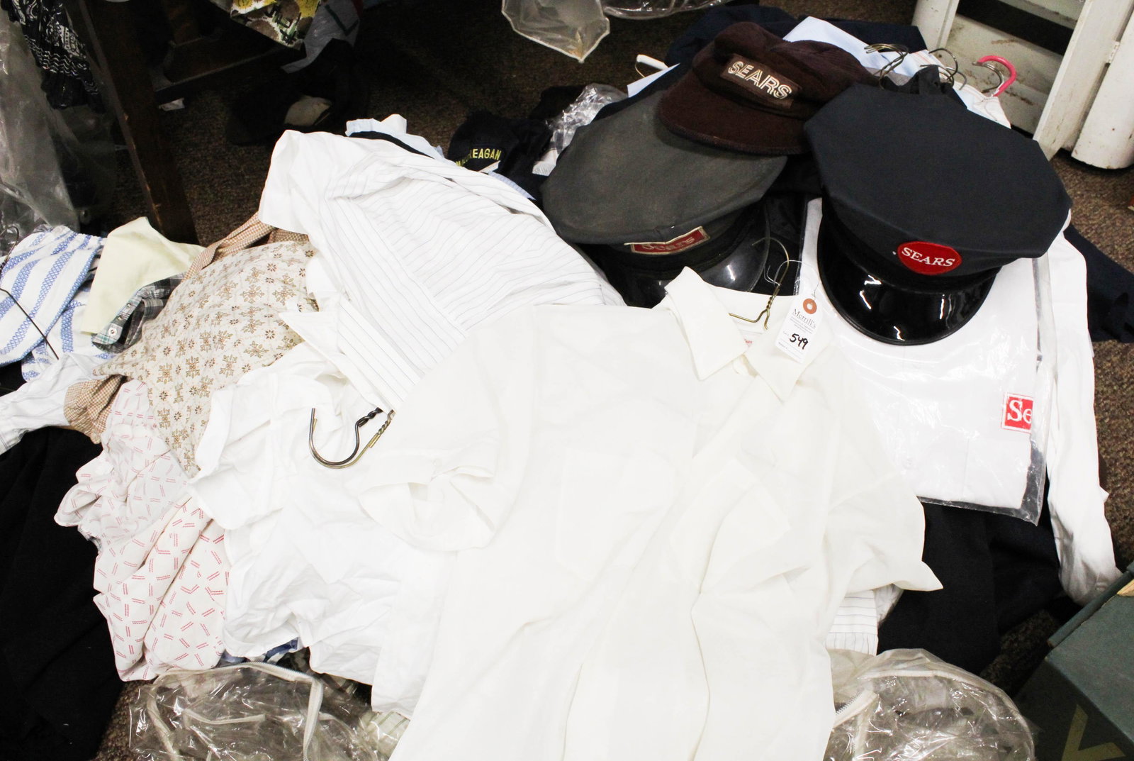 Massive Group Vintage Men's Clothing: A very large group of vintage 1960's era men's work clothing, i.e.. Dress pants, dress shirts, hats, many Sears work clothing items, Sears employee work hats & shirts. Some never used.