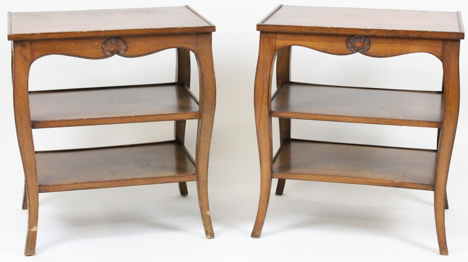 Two 20th c French Style Side Tables: Two 20th c Three Tier French Side Tables mahogany 22 x 25 x 17"