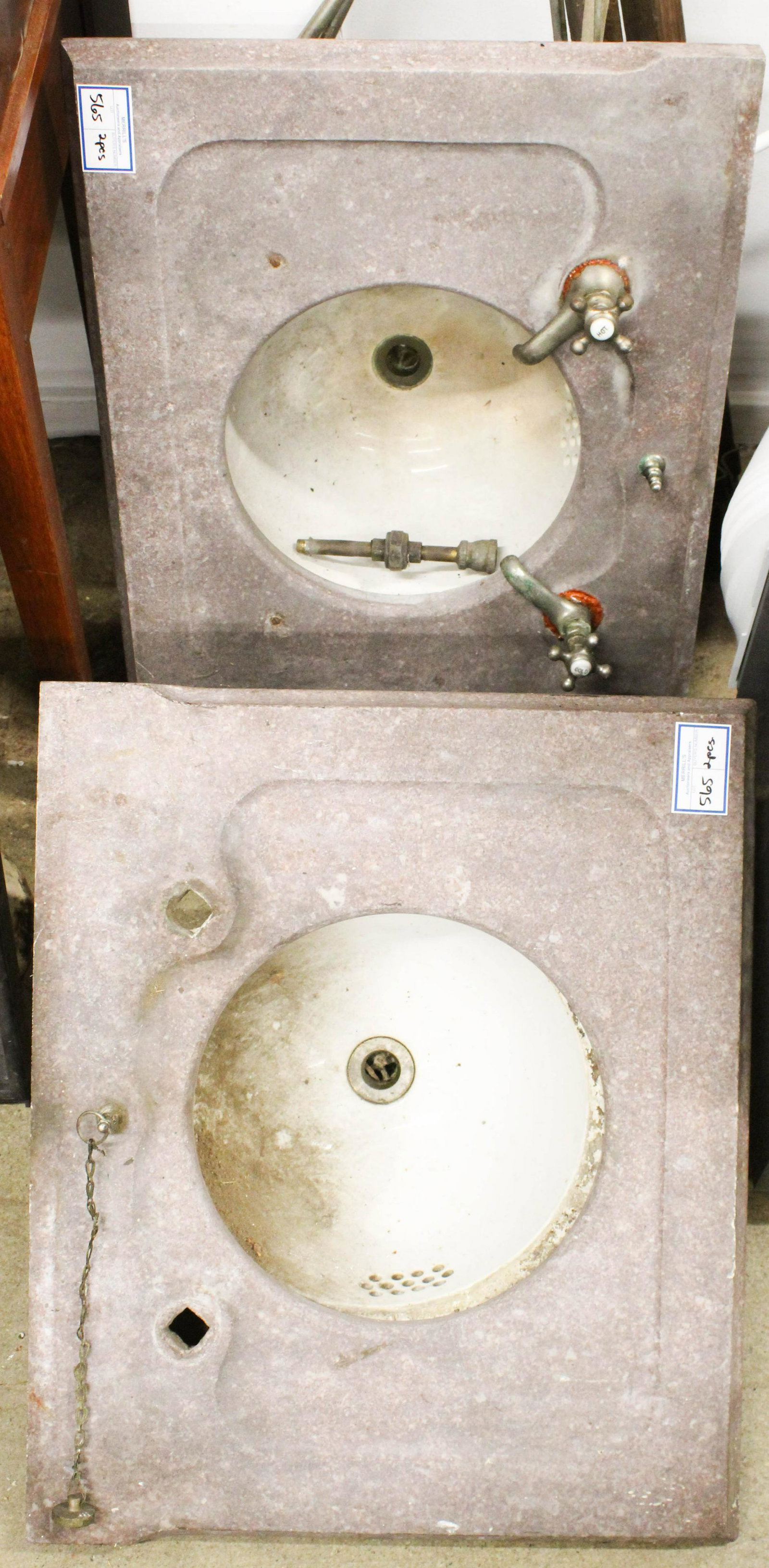 2 Victorian Marble Counter Surrounds and Sinks: 2 ca. 1890 Victorian architectural salvage marble counter sinks with porcelain basins, porcelain as found with some discoloration, one has original brackets 24" x 20"