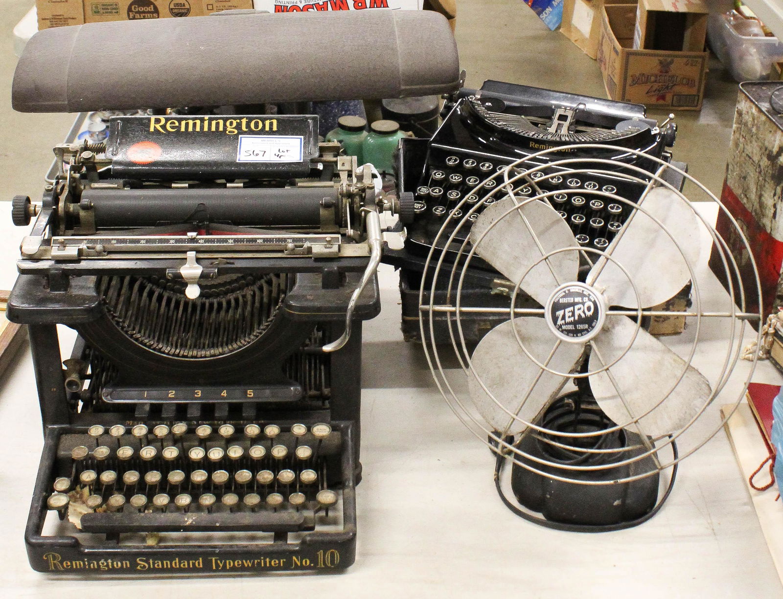 Vintage Office Fixtures incl. Typewriters, Fan: Lot of vintage office equipment items including Remington high back typewriter, Remington portable typewriter, Zero black and chrome Art Deco fan, art deco desk lamp