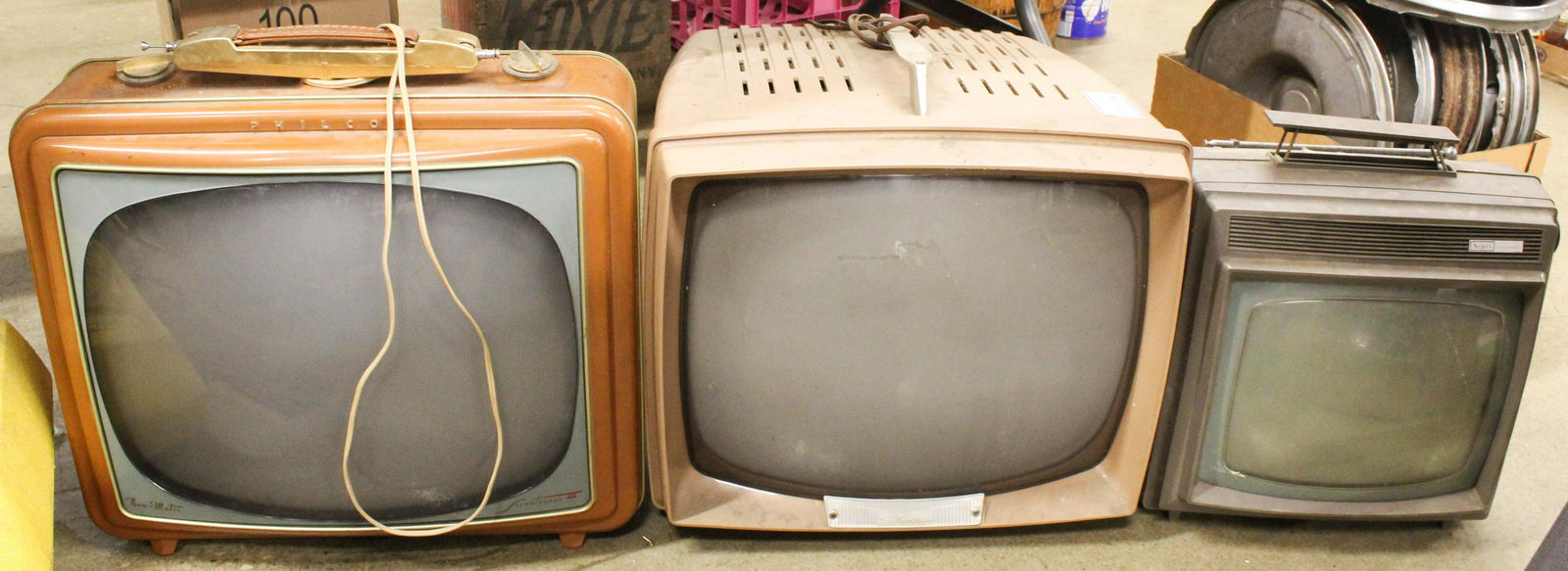 Vintage 1950's Silvertone, Philco Television Sets: 3 Vintage 1950's portable television sets including Philco "New-Matic Seventeener-III" and two Silvertone sets, untested ht. 14"-19"