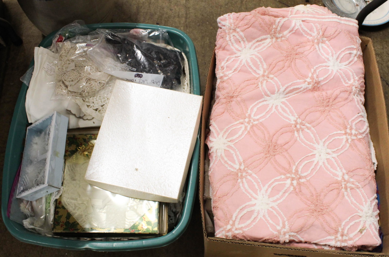Large Lot of Vintage Linens: Large Lot of vintage linens including crocheted doilies, chenile bedspreads, embroidered bureau scarves, damask napkins, etc.