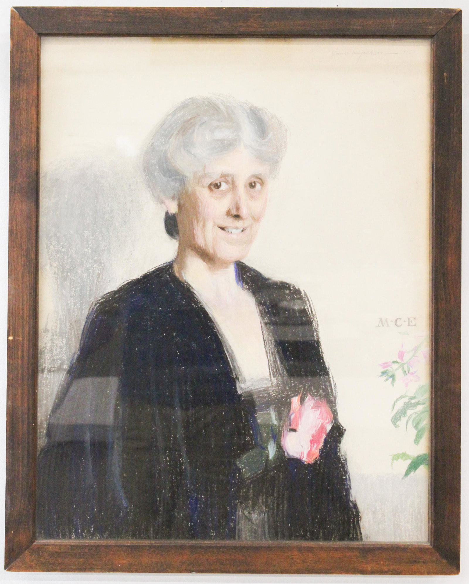 Pastel Portrait of Marian Cushing Eliot: Pastel portrait of Marian Cushing Eliot (1877-1963 T S Eliot's sister), signed by Louise M Jackson, 1935, initialed M C E on front, 24 1/2" x 19 1/2", descending in the Eliot family to Charlotte Stear