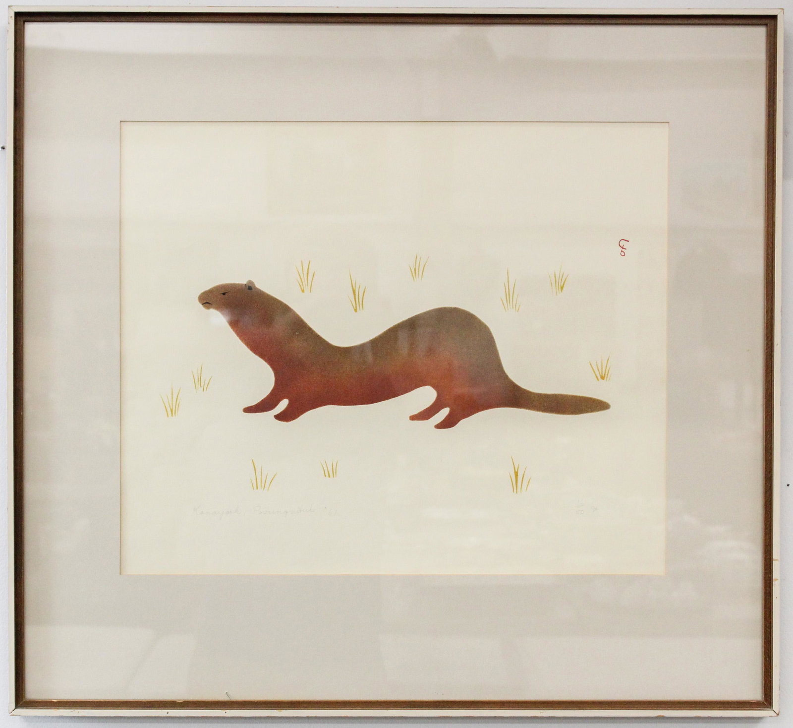1961 Cape Dorset Print signed Kanayook: 1961 Cape Dorset print signed Kanayook (Kanayuk Tukalak 1937-2005), Povungutuk, Inuit/ First Nations, untitled, red otter, #16 of 50, matted and framed, sight 15 3/4" x 19"