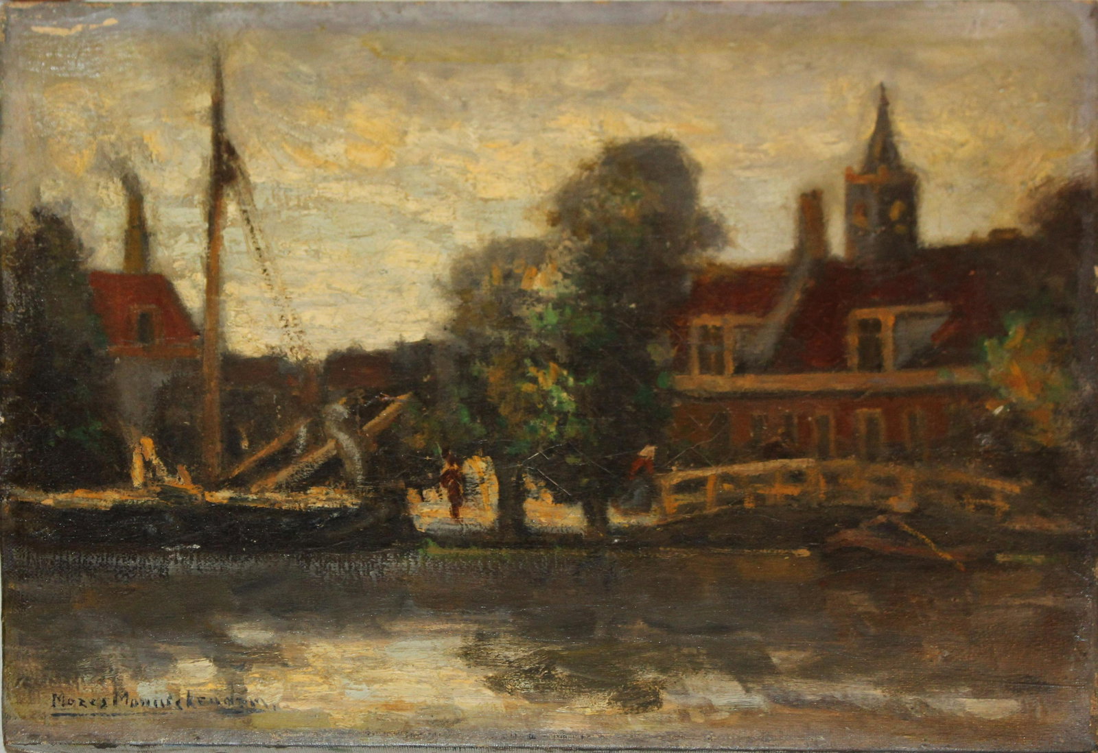 Moses Monnickendam (NL 1863-1933) Dutch Canal Scene: Moses Monnickendam (Dutch 1863-1933) Dutch canal scene oil on canvas 11 x 15.5" signed lower left