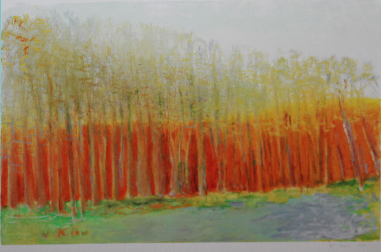 Wolf Kahn (Am. 1927-2020), "Orange Behind the Trees": Wolf Kahn (American, 1927-2020), "Orange Behind the Trees", 2017, archival pigment print on Hahnemuhle German Etching paper, no. 84 from an edition of 100 published by the Brattleboro Museum & Art Cen