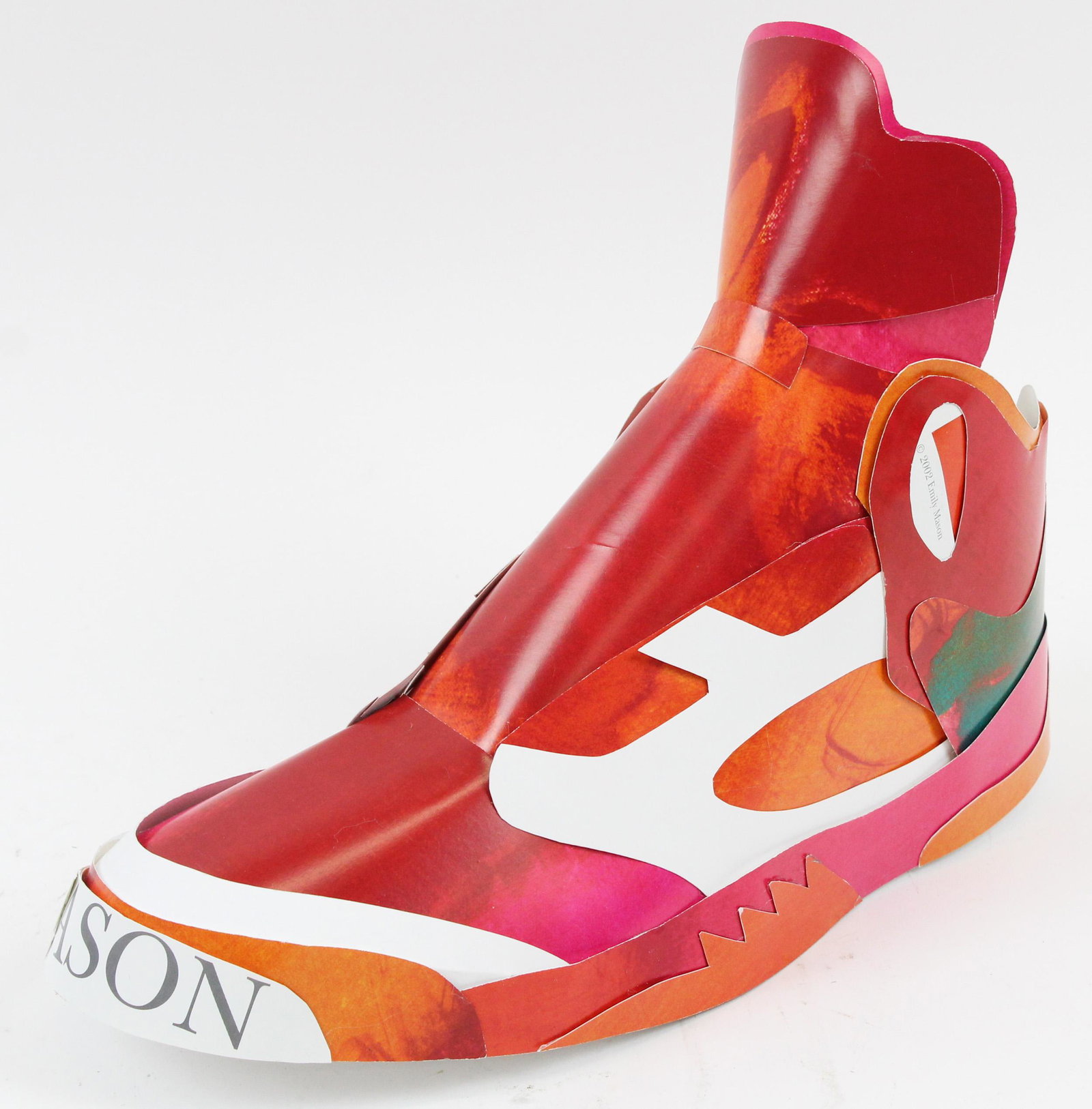 Andy Yoder (Am. b. 1957), "BMAC Jordan 5 - Emily Mason": Andy Yoder (American, b. 1957), "BMAC Jordan 5 - Emily Mason", 2020, Bristol board and reclaimed Emily Mason exhibition poster, 9 x 13 x 5 inches. Signed, dated, and titled on bottom. Andy Yoderâ€�