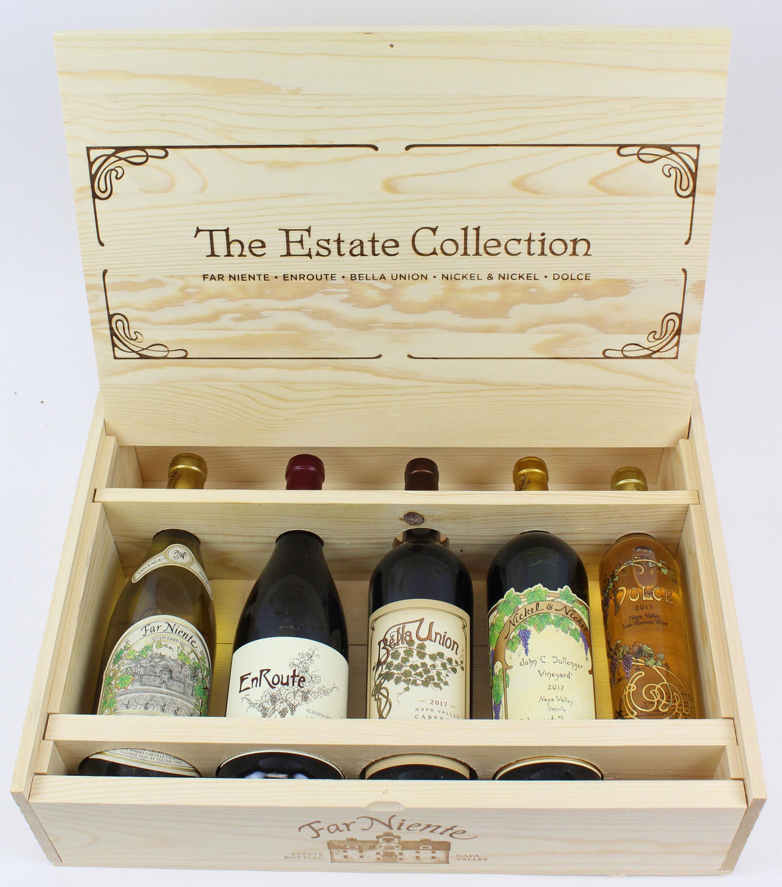 Far Niente Wine Estate Collection: Elegantly presented in a custom-made wood box with a hinged lid, these five bottles are signature expressions of Far Nienteâ€™s five Napa Valley and Russian River Valley wineries. Includes: 2018 