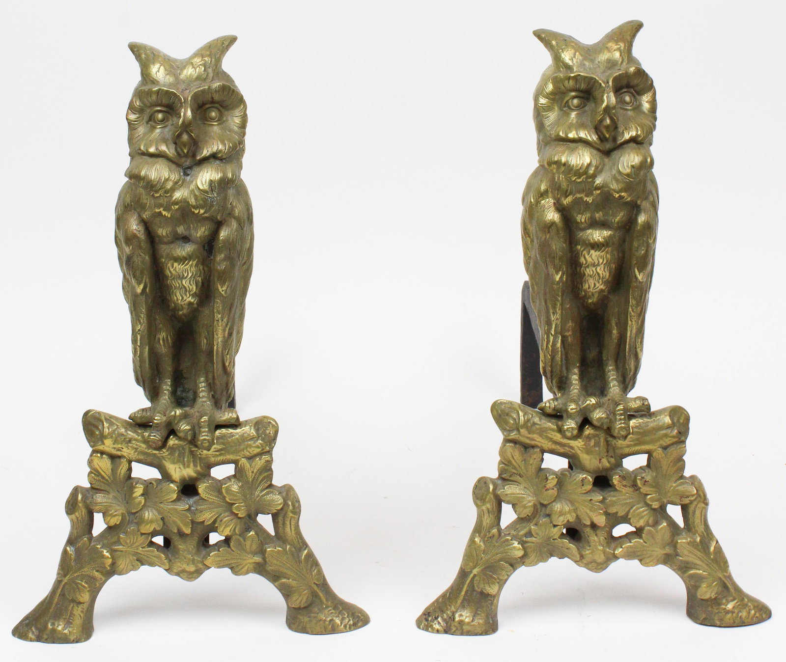 Ca 1900 Figural Brass Horned Owl Andirons: Outstanding ca 1900 figural brass horned owl andirons, ht 14 3/4"