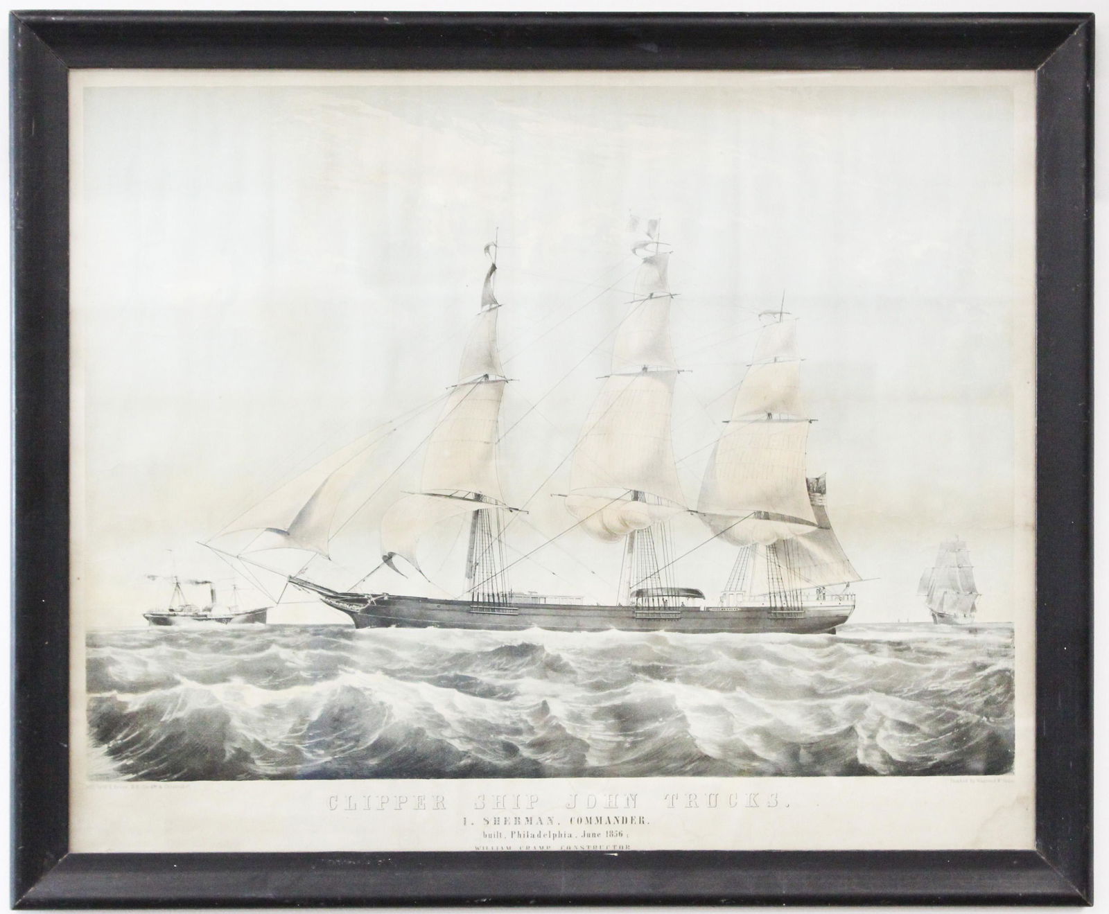 1856 Clipper Ship John Trucks Colored Litho: 1856 "Clipper Ship John Trucks" hand colored lithograph, W H Rease, Chestnut Street, Philadelphia, sight 20 1/2" x 25 1/2", some board burn visible