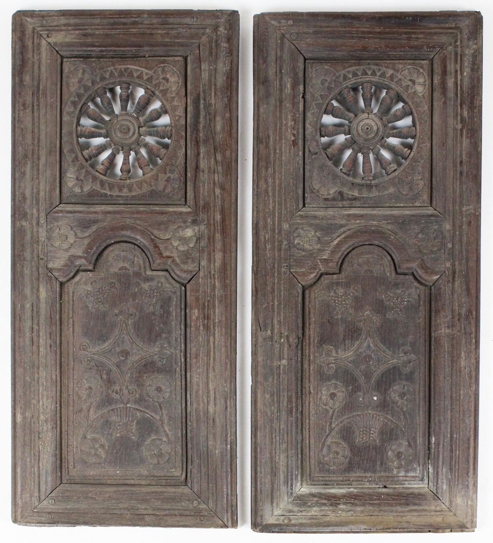 17th-18th c Brittany Lit-Clos Bed Doors: pair of 17th-18th c Breton Brittany, France carved wooden doors from a lit-clos (enclosed bed), box beds were typical of the Breton region dating back to Medieval times, 36 1/2" x 15 3/4"