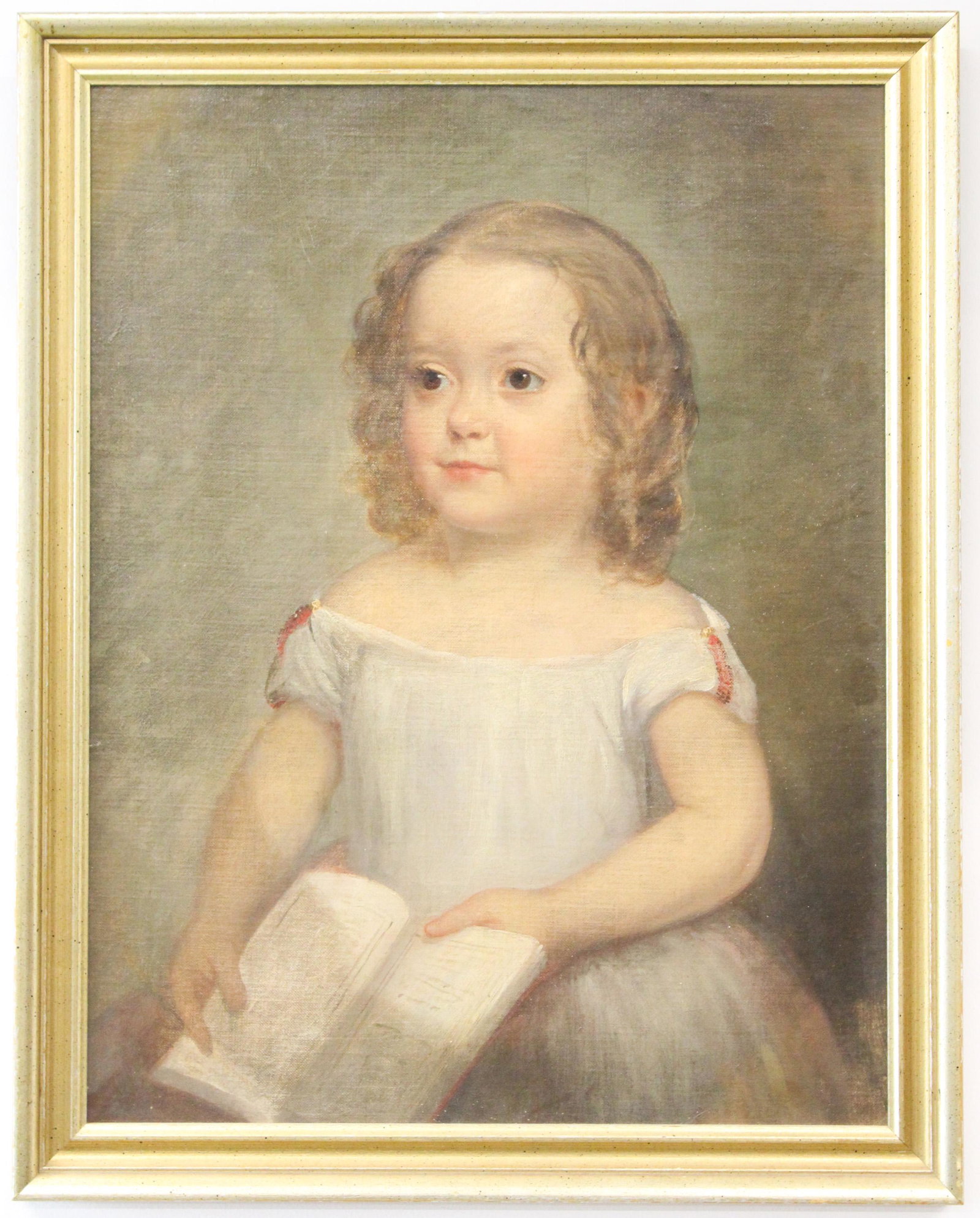 Mid 19th c Portrait of a Child: Mid 19th c oil on canvas portrait of a child, sitter unknown, laid onto a board, 21 1/2" x 16 1/2", descending in the Eliot & Peale families of Boston, from Henry Ware Eliot (b 1843) to Charlotte Elio
