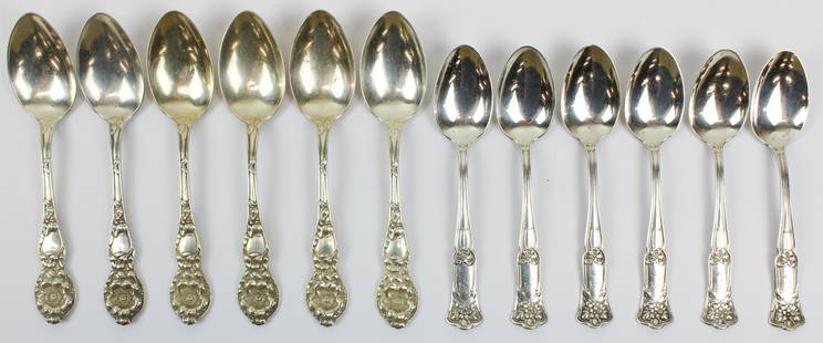 2 sets of Art Nouveau Floral Sterling Teaspoons: 2 sets of Art Nouveau floral motif sterling silver teaspoons including 6 Watson, Newell & Co. "Wild Rose" spoons with deep relief handles, and 6 Gorham "Atlanta" pattern spoons 5.75", 5.25" 8.4 troy o