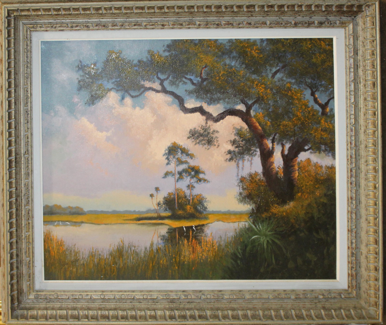 Russell Robert Sheibenberger(AM 20th c ) Florida Marsh: Russell Robert Sheibenberger (American 20th c ) Florida Marsh oil on canvas 25 x 30" - Scheibenberger was a member of the "Florida Highwaymen" School of painting and was well known for his bucolic lan