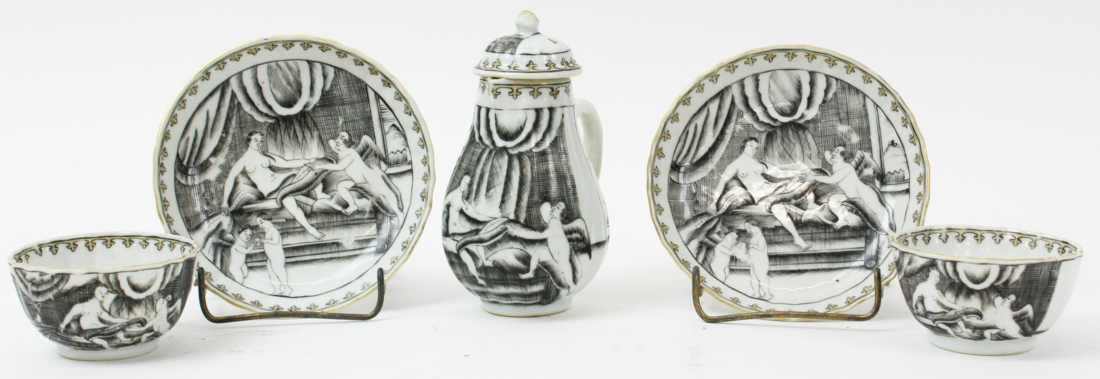 5 pcs. Chinese Export Porcelain Jesuit Ware: Group of 4 pcs. 18th c. Chinese Export "Jesuit" Ware Grisaille hand painted porcelain including two handless cups and saucers, small cream jug with lid, all featuring allegorical scenes of reclining n