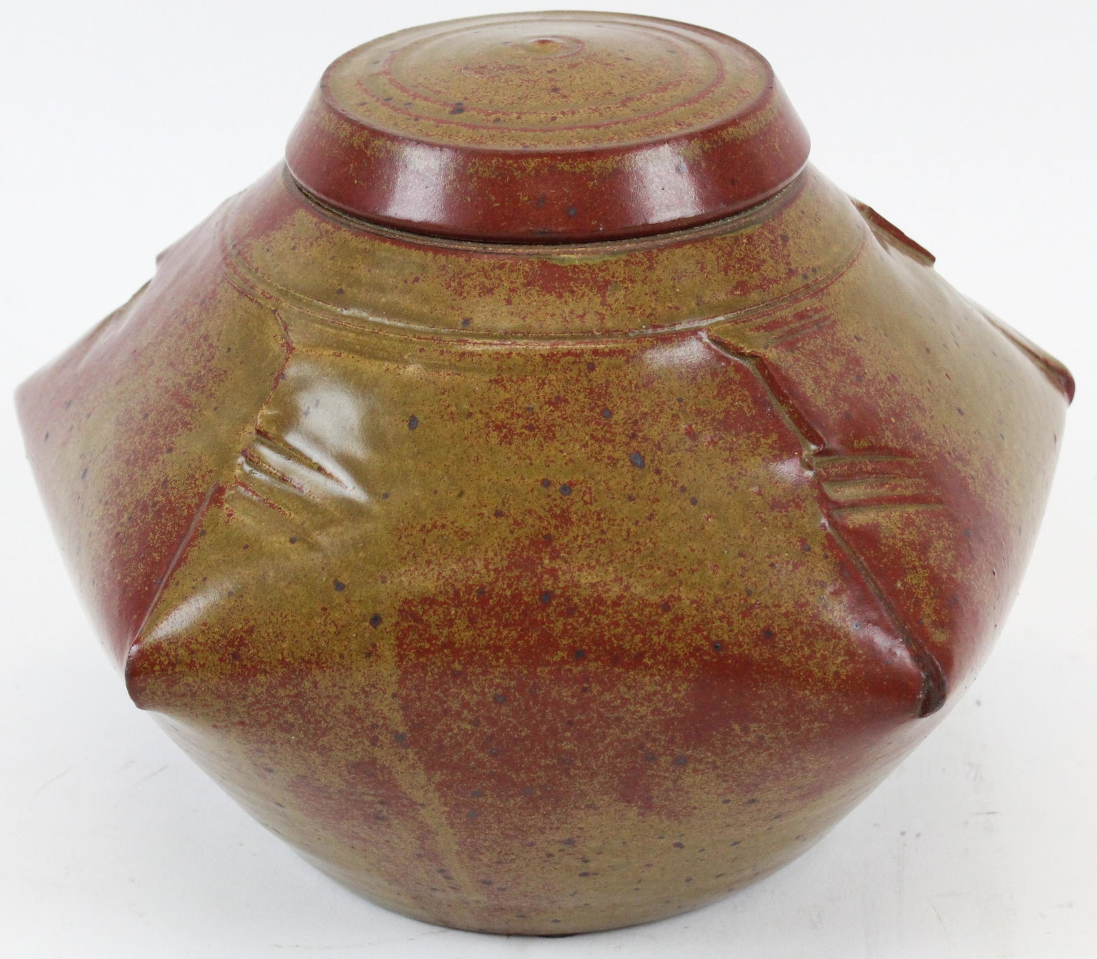 Donald Campbell Red 5 Sided Stoneware Pot: Donald Campbell red 5 sided stoneware pot with lid, ht 7 1/2", ht 11"