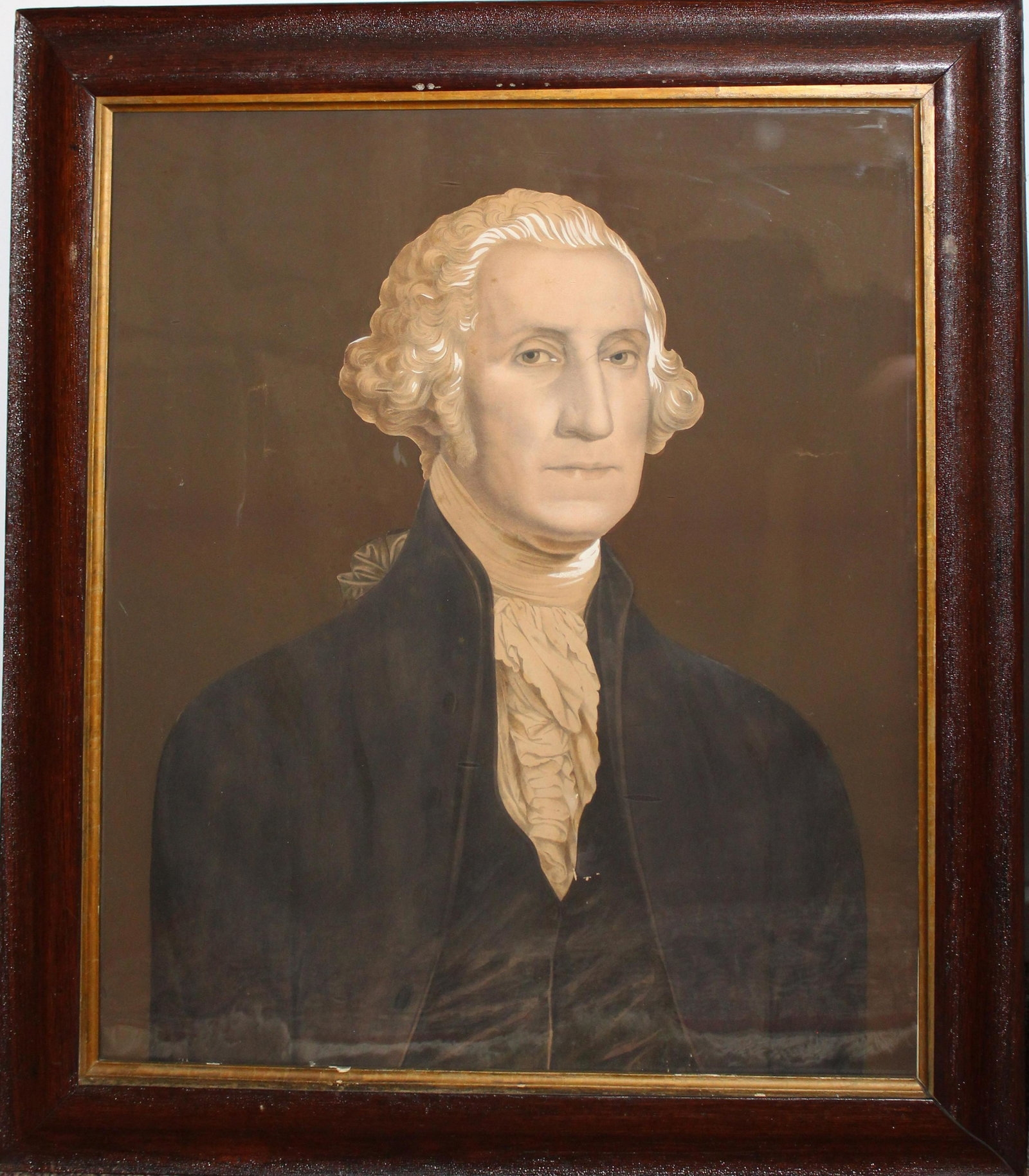 Nathan Currier lithograph of George Washington: Hand-colored lithograph of George Washington printed by Nathaniel Currier (1813-1888), who later established Currier & Ives. 28 x 24.5 inches (sight), 32.5 x 29 inches (framed). Sold to benefit the Br