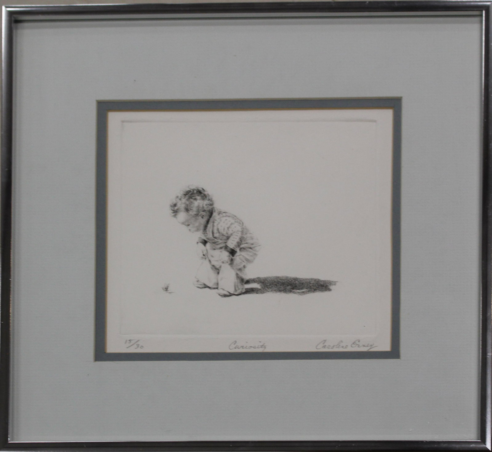 Caroline Erney (Am. Pa.), "Curiosity": Caroline Erney (Pennsylvania), "Curiosity", ca. 1986, drypoint etching, 12.25 x 13.25 inches. Signed and numbered by the artist. Sold to benefit the Brattleboro Museum & Art Center.