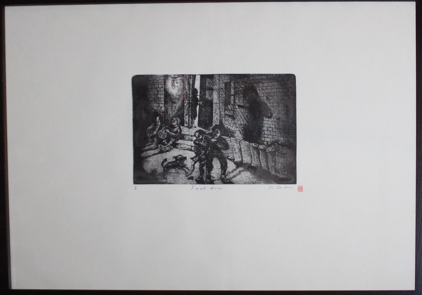 Sue Coe (Br. b. 1951), "Small Arms": Sue Coe (British, b. 1951), "Small Arms", from "Tragedy of War" series, 2000, etching, no. 2 in an edition of 100, 5.75 x 8.5 inches (image), 15.5 x 22.5 inches (framed). Signed and numbered by the ar