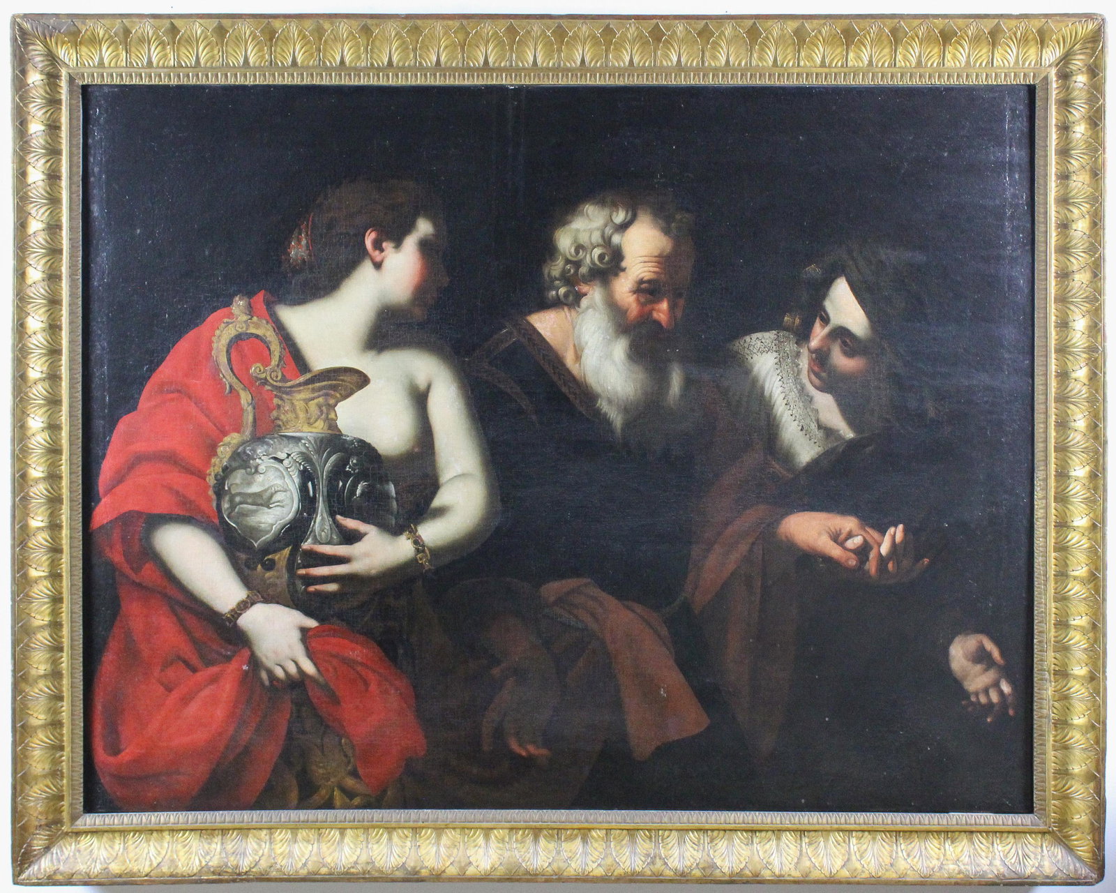 School of Caravaggio (It 17th c) Lot and His Daughters: School of Caravaggio / School of Milan (Italian 17th c ) Lot and His Daughters oil on canvas 60 x 46" relined with newer frame, and reasonable cleaning descending in the family of Stephen Alexander Cr