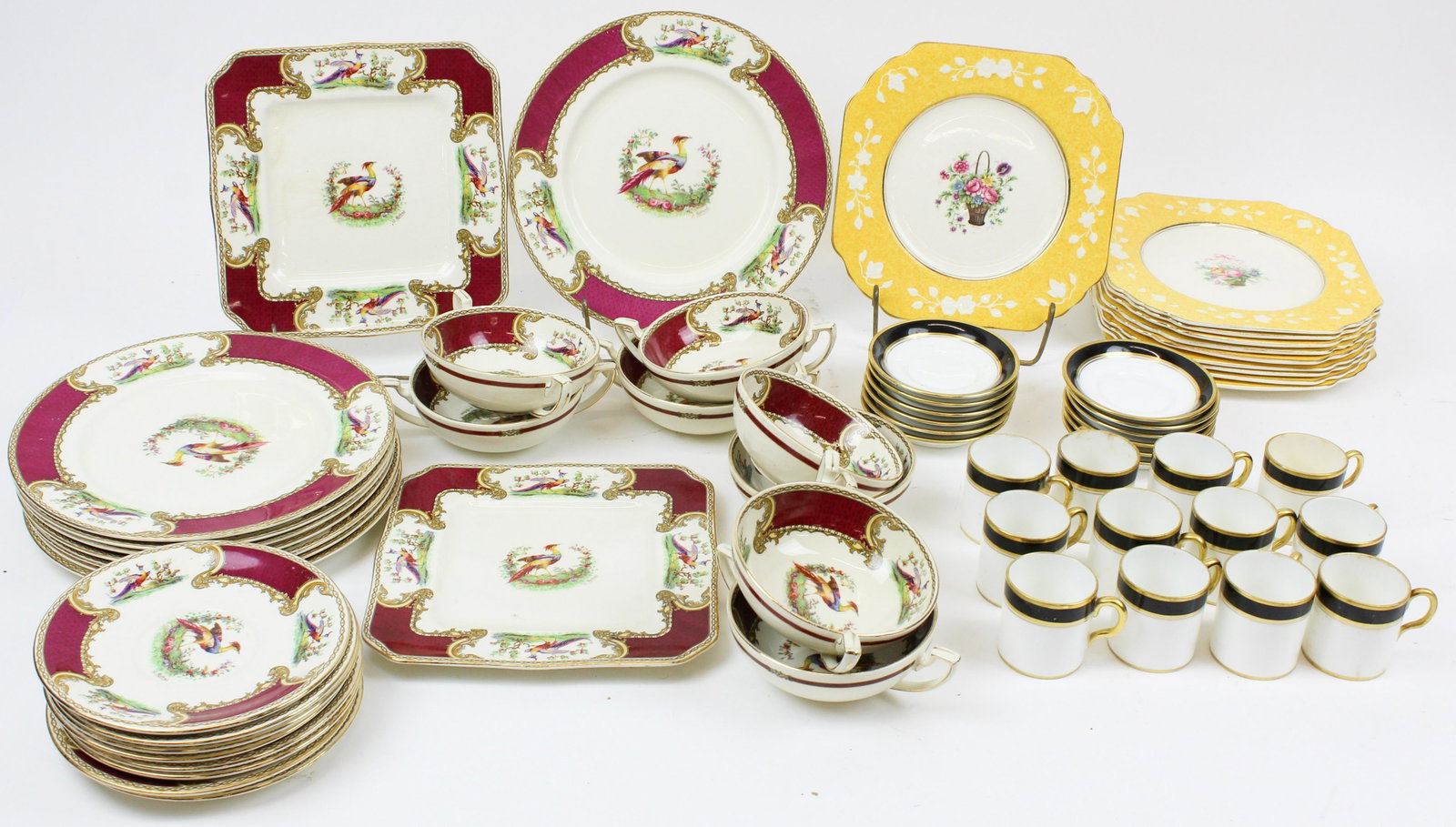 Myott Red Pheasant, Chelsea Demitasse, etc.: Group of English porcelain including 26 pcs. Myott Staffordshire Red Pheasant dinnerware, 10 Wedgwood Queen's Ivory yellow banded square luncheon plates, and 12 New Chelsea bone china porcelain black 