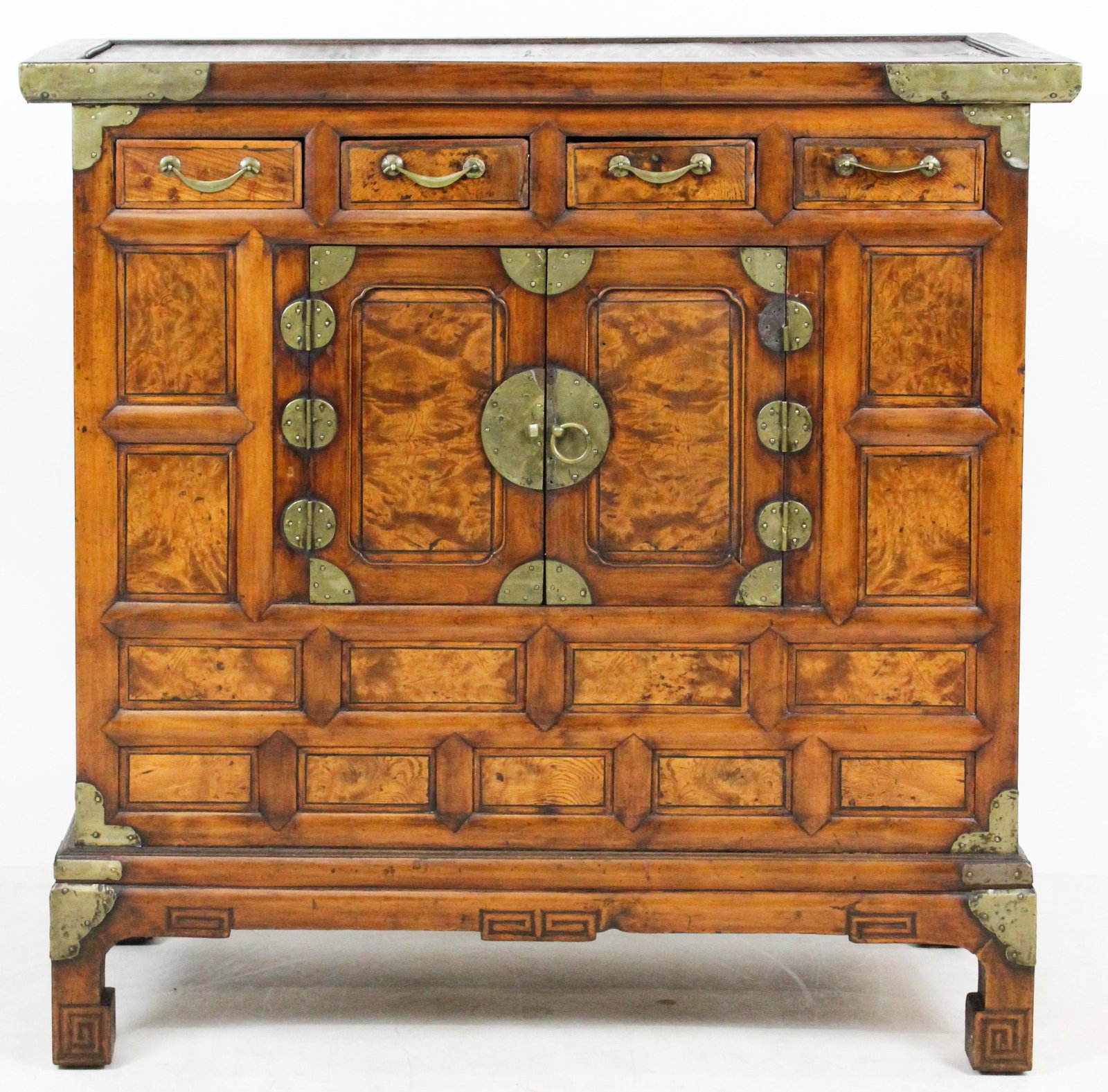 Korean 19th c Chest: Korean 19th c chest. Elm, burl elm, & soft woods. Brass mounted, 4 drawers over 2 doors. Loose hinges on doors. 38" w x 17" d x 37" h.