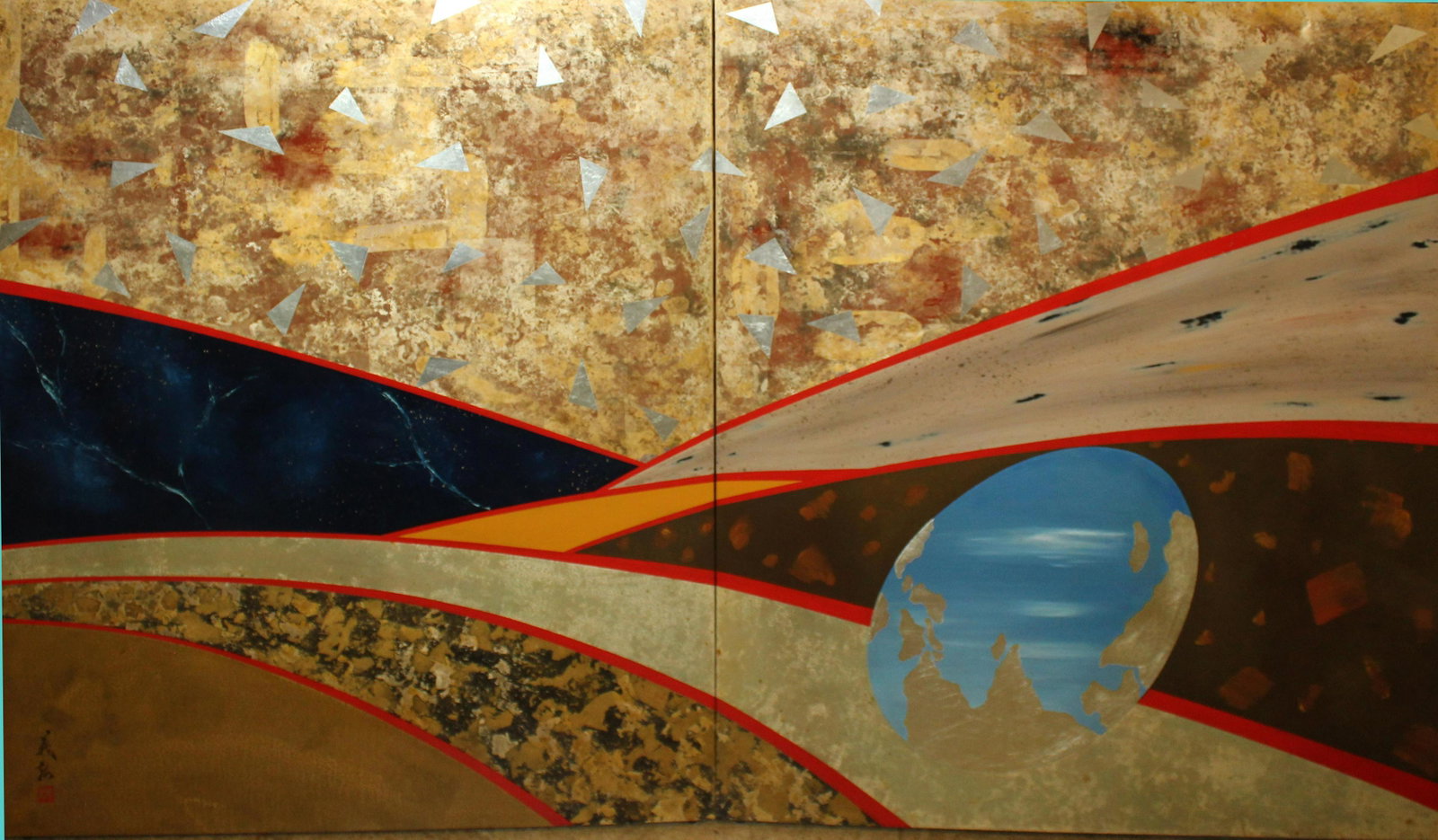 Yoshi Hayashi (JP 20th c ) Two Earth Panels: Yoshi Hayashi (Japan 20th c ) Two lacquer "Earth" Panels- Lacquer, pigment and foil on prepared wooden surface signed lower left each 30 x 36"