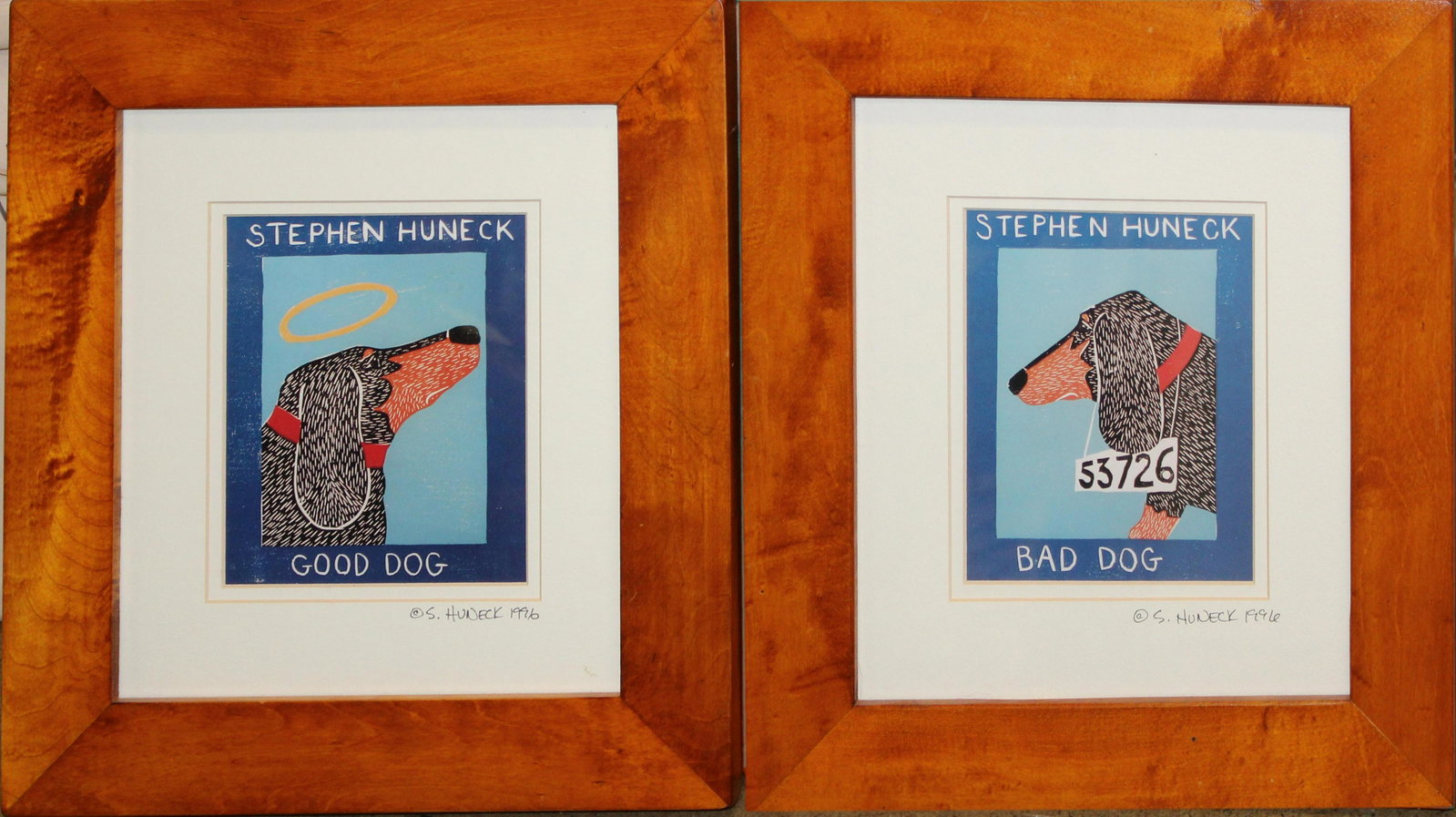 Stephen Huneck (VT 1948-2010) Good Dog/Bad Dog Diptych: Stephen Huneck (Vermont 1948-2010) Good Dog/Bad Dog diptych lithographs signed and dated 1996 on mat each 7 x 6"