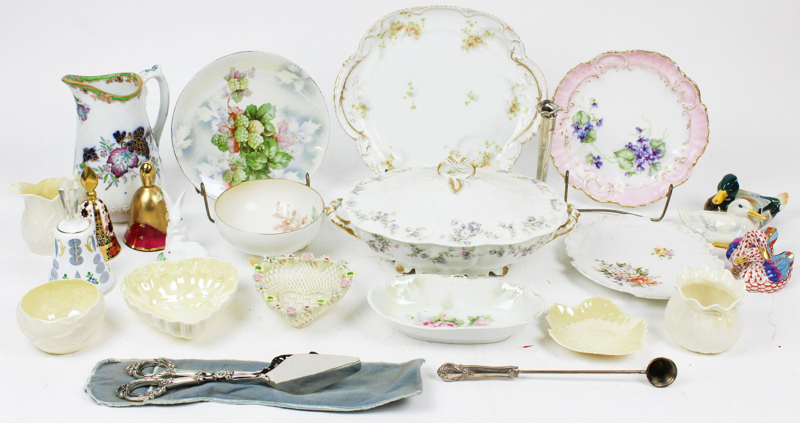 Group of Porcelain Tableware incl. Limoges, Herend: Group of porcelain tableware including Limoges covered serving dish, English polychrome transfer decorated Ironstone pitcher, Herend fishnet figurine of ducks, Herend white rabbits, Goebel Mallard dra