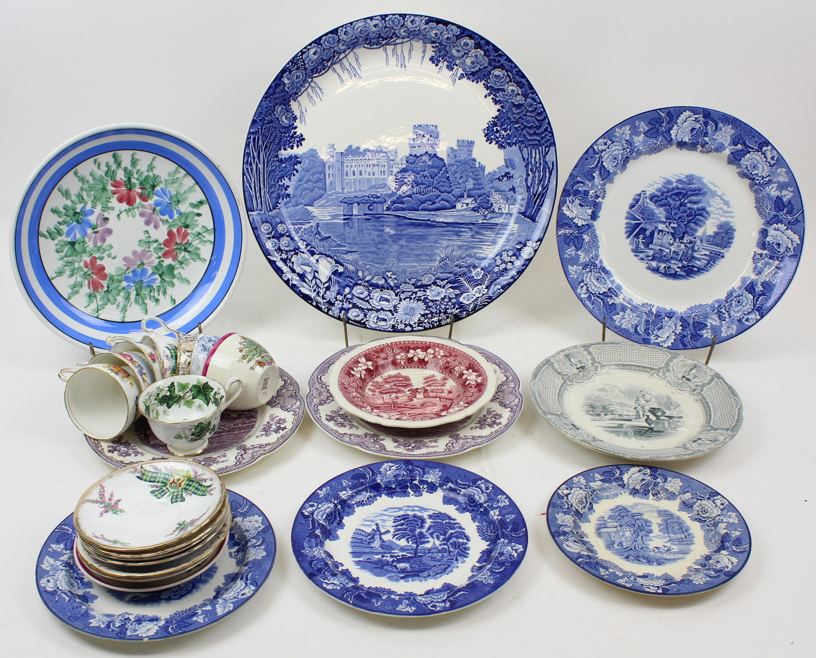 Bone China Teacups and Transferware China: Group of 8 English bone china tea cups and saucers including Spode, Royal Albert (Coronation set had repaired saucer), accompanied by assorted transfer decorated plates including large Enoch Wood's bl
