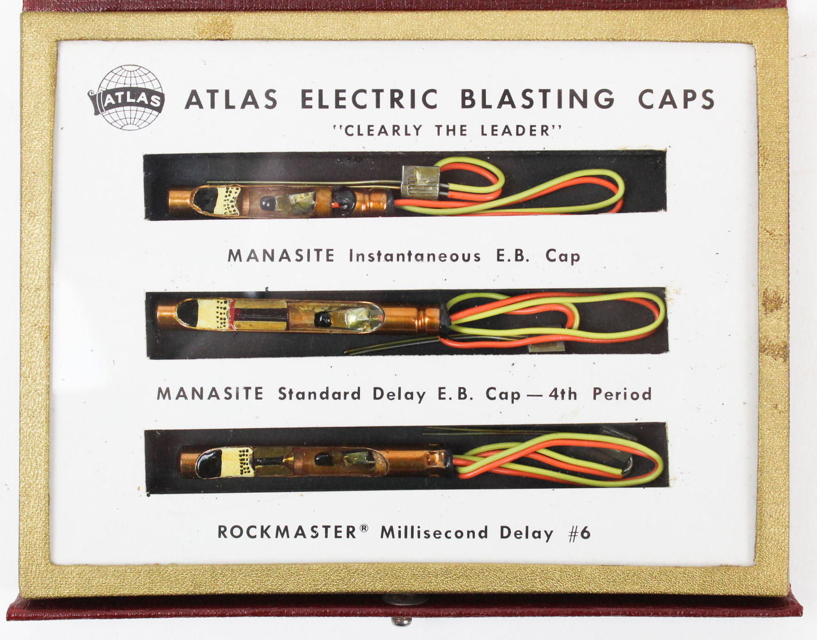 Atlas Electric Blasting Caps Salesman Samples: Atlas Electric Blasting Caps Salesman's Samples, in folding case, 6 1/2" x 5" x 3/4"