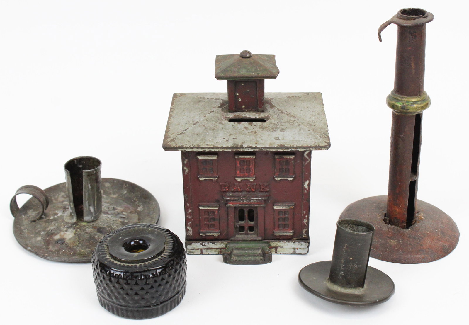 Cast Iron bank, Early Ink, Candlesticks: Cast iron bank building still bank, blown 3-mold green ink bottle (small chips around base, candlesticks as found